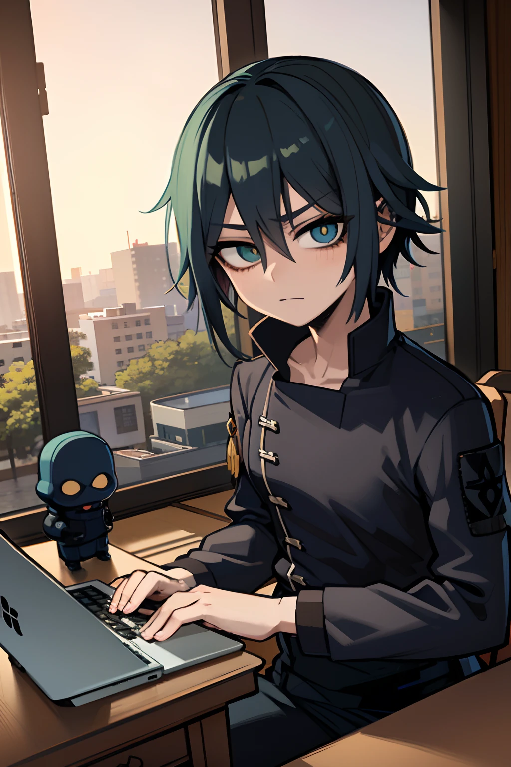 Anime - imagem de estilo de um homem sentado em uma mesa com um laptop, roupa militar, colete preto, usando balaclava, 2 d estilo anime, badass anime 8 k, estilo anime 4K, anime moe artstyle, Gatilho Estilo de Arte de Anime, Melhor Anime 4K Konachan Wallpaper, cara de anime alto com olhos azuis, Conceito de anime HDR Anime MacManus, jovem homem de anime, em estilo anime, anime estilizado