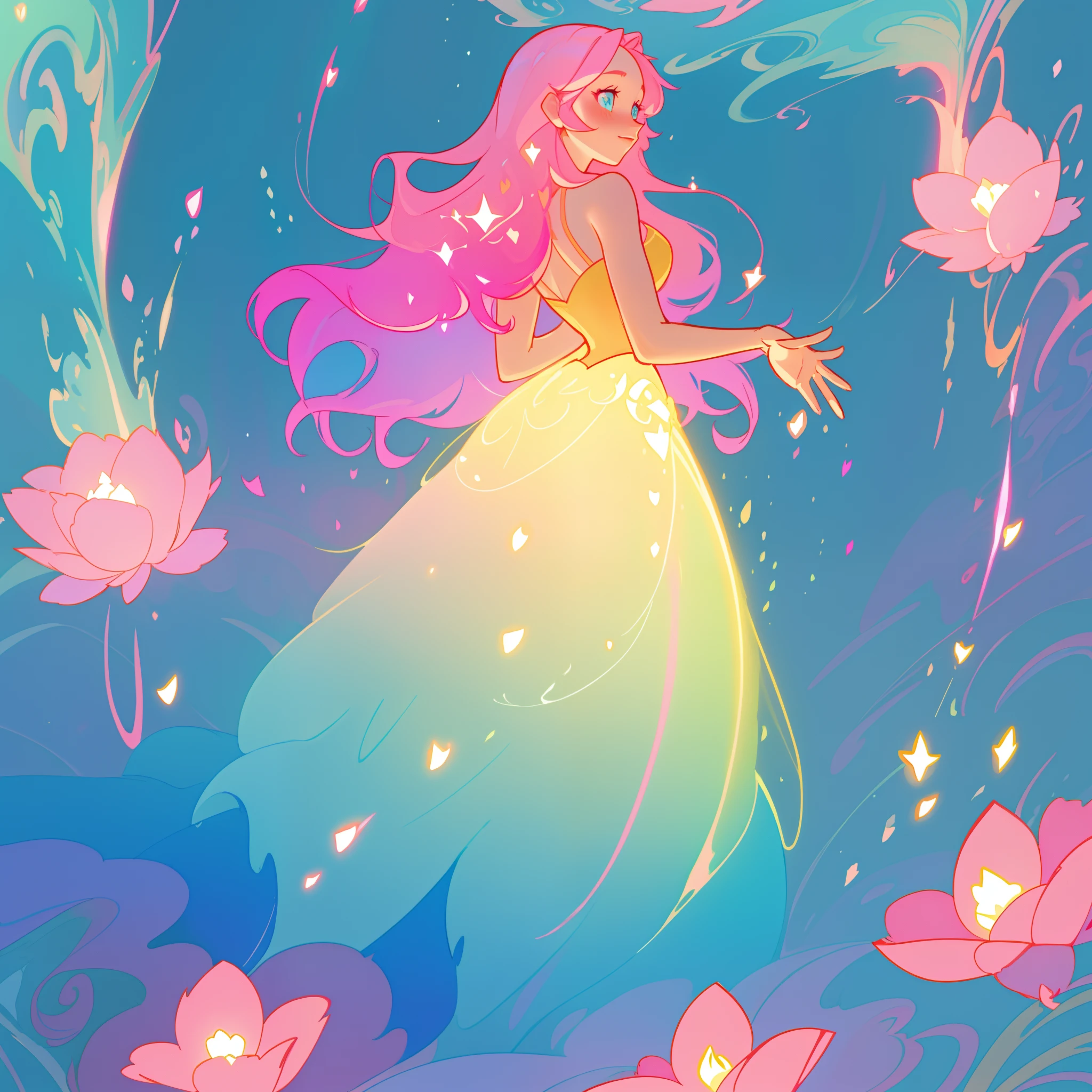 beautiful girl in flowing gradient layered ballgown, flowing pink hair, whimsical fantasia and flowers background, vibrant pastel colors, (colorful), magical lights, magical flowers, flowers, glowing lights, red pink long wavy hair, sparkling lines of light, inspired by Glen Keane, inspired by Lois van Baarle, disney art style, by Lois van Baarle, glowing aura around her, by Glen Keane, jen bartel, glowing lights! digital painting, flowing glowing hair, glowing flowing hair, beautiful digital illustration, fantasia background, whimsical, magical, fantasy, beautiful face, ((masterpiece, best quality)), intricate details, highly detailed, sharp focus, 8k resolution, sparkling detailed eyes, liquid watercolor