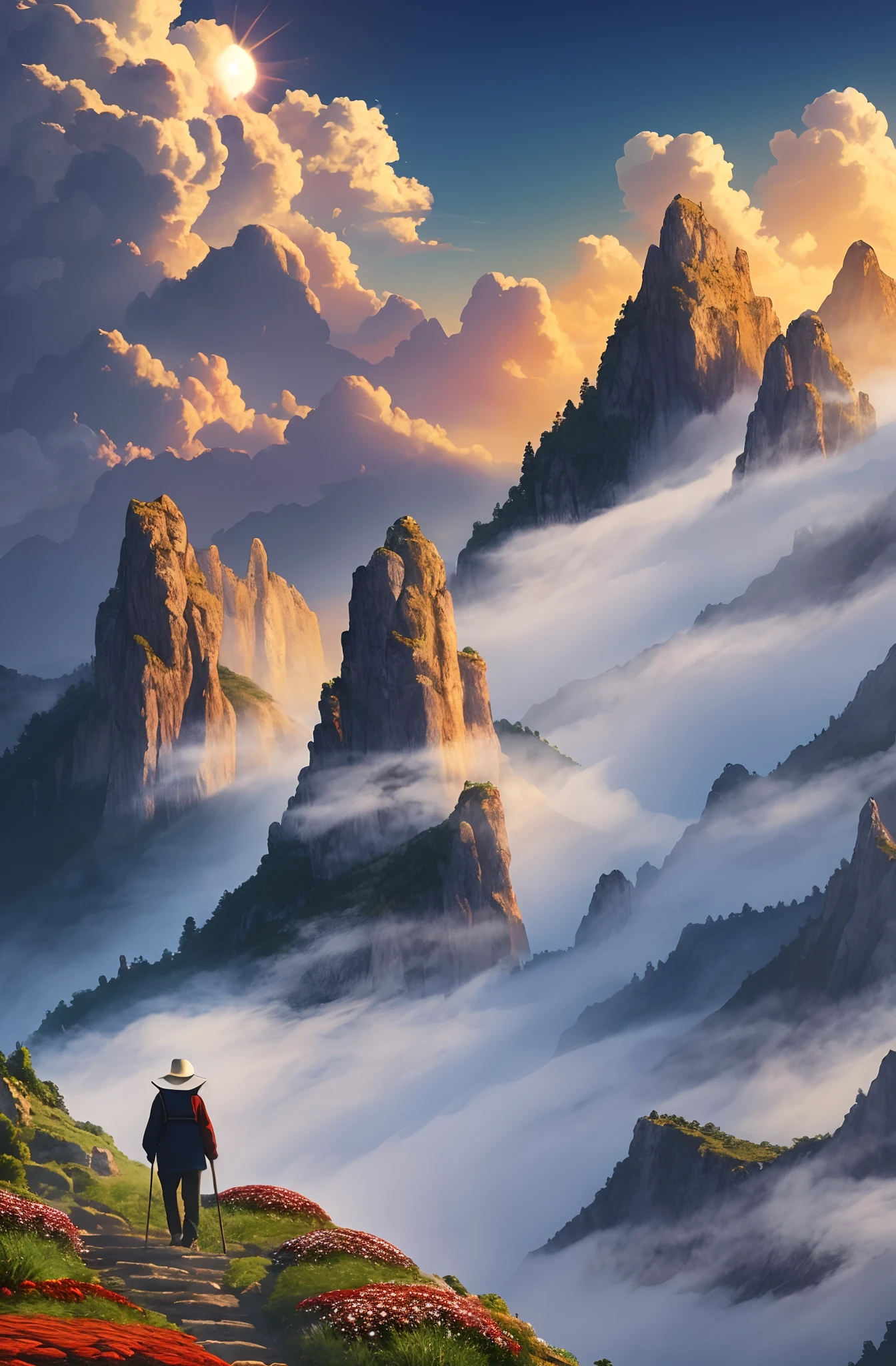 ((masterpiece)), ((best quality)), 8k, high detailed, ultra-detailed, ; An elderly person climbing a mountain with a walking stick, surrounded by mist and clouds. The sun shining through the mist, creating a beautiful and mystical atmosphere. A clear and pristine sky above, filled with fluffy white clouds. From the mountaintop, the elderly person gazes into the distance, taking in the breathtaking view. The scene includes elements of the Double Ninth Festival, with vibrant red chrysanthemums blooming in the foreground.  An elderly person climbing a mountain, surrounded by mist and clouds, with the sun shining through. The sky above is clear, with fluffy clouds floating by. The elderly person stands on the mountaintop, looking into the distance. The scene also includes vibrant red chrysanthemums, symbolizing the Double Ninth Festival.  mountain, mist, clouds, elderly person (climbing, with walking stick), sun (shining through mist), sky, mountaintop, view, Double Ninth Festival (chrysanthemums). --auto --s2