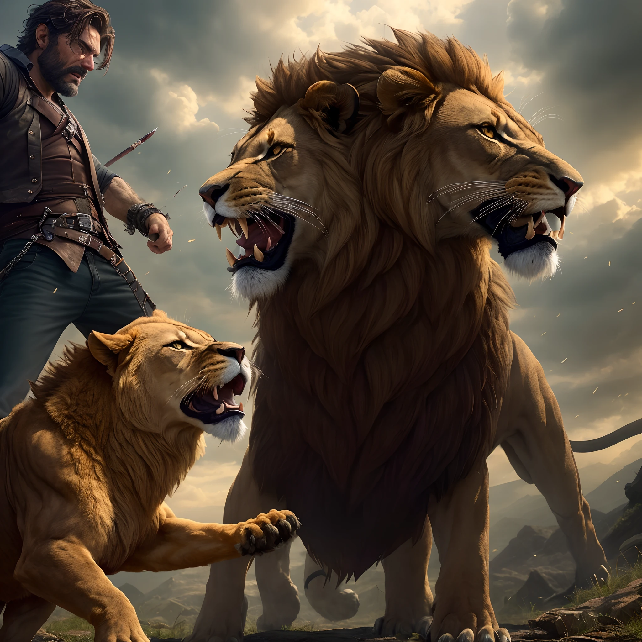 Homem semblante confiante,  barbudo magro, Threatened by a ferocious lion, imagem realista hd