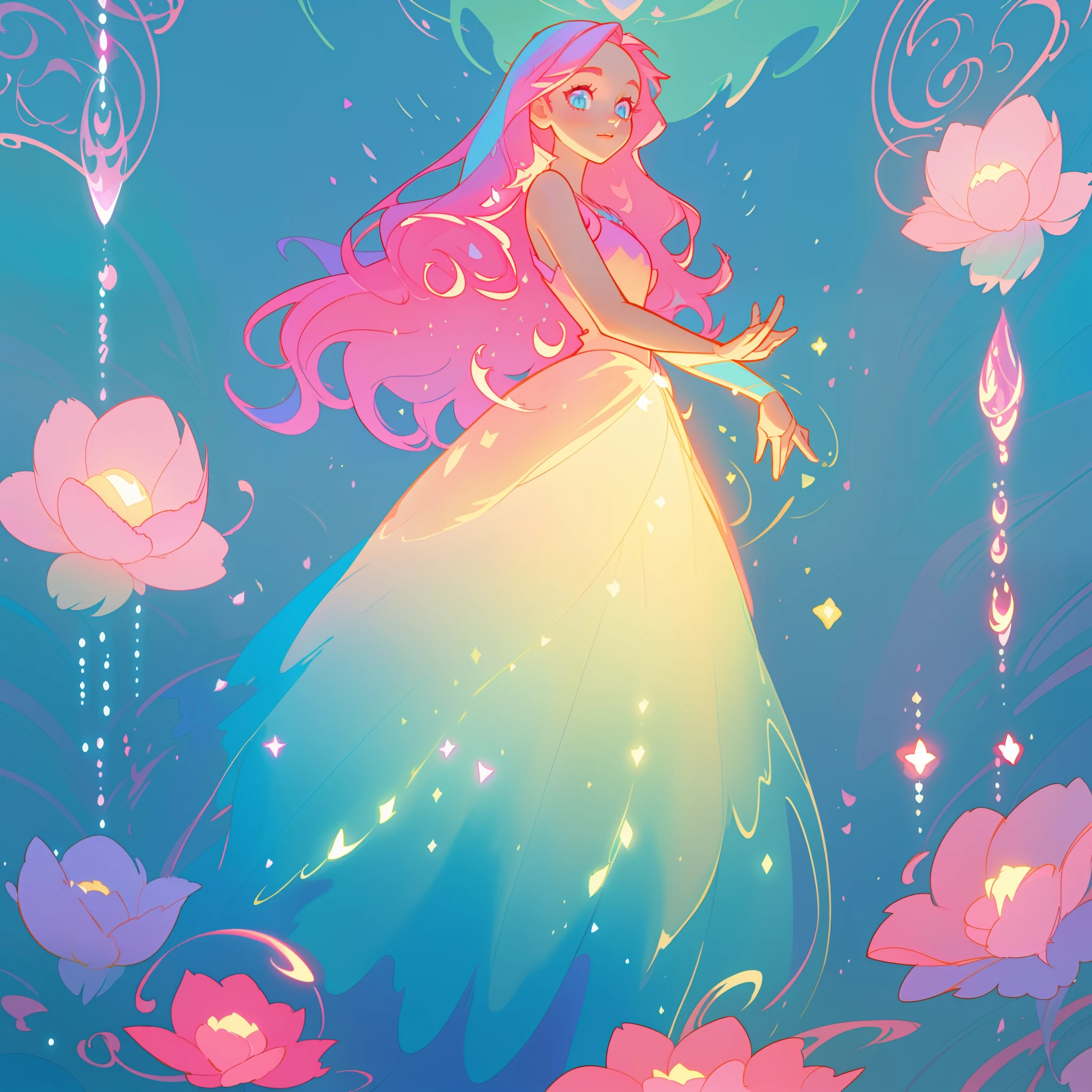 beautiful girl in flowing gradient layered ballgown, flowing pink hair, whimsical fantasia and flowers background, vibrant pastel colors, (colorful), magical lights, magical flowers, flowers, glowing lights, red pink long wavy hair, sparkling lines of light, inspired by Glen Keane, inspired by Lois van Baarle, disney art style, by Lois van Baarle, glowing aura around her, by Glen Keane, jen bartel, glowing lights! digital painting, flowing glowing hair, glowing flowing hair, beautiful digital illustration, fantasia background, whimsical, magical, fantasy, beautiful face, ((masterpiece, best quality)), intricate details, highly detailed, sharp focus, 8k resolution, sparkling detailed eyes, liquid watercolor
