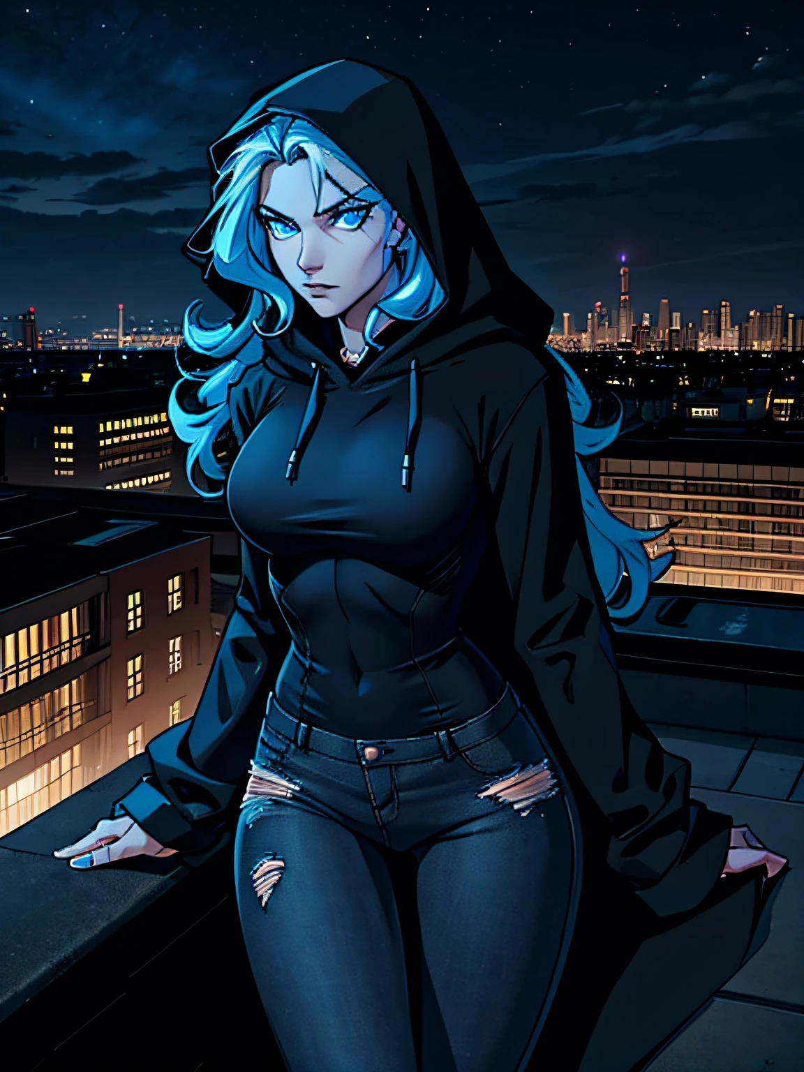Slender lean, superhuman, wearing a black hoodie over her head, black ripped jeans, long curly hair,with glowing electric blue eyes, looking off mysteriously, roof top overlooking the city background, night time