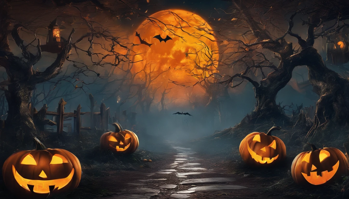 (best quality,4k,8k,highres,masterpiece:1.2),ultra-detailed,(realistic,photorealistic,photo-realistic:1.37),halloween,dark atmospheric,spooky,haunted forest,full moon,bat,witch,creepy pumpkin,potion,ghost,witch hat,black cat,candlelight,enchanted,wispy fog,shadowy figures,skeletal trees,jack-o'-lantern,witch's broom,cauldron,magical spells,mysterious spells,glowing eyes,costumes,Trick or Treat,candy,scary,gothic,macabre,otherworldly,moonlit night,ethereal,luminous,spiderweb,moonlight,graveyard.