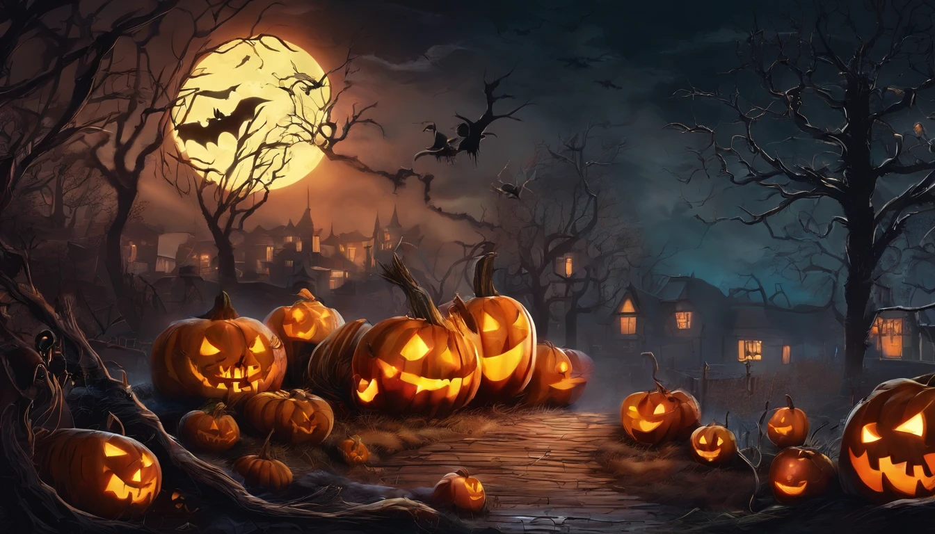 (best quality,4k,8k,highres,masterpiece:1.2),ultra-detailed,(realistic,photorealistic,photo-realistic:1.37),halloween,dark atmospheric,spooky,haunted forest,full moon,bat,witch,creepy pumpkin,potion,ghost,witch hat,black cat,candlelight,enchanted,wispy fog,shadowy figures,skeletal trees,jack-o'-lantern,witch's broom,cauldron,magical spells,mysterious spells,glowing eyes,costumes,Trick or Treat,candy,scary,gothic,macabre,otherworldly,moonlit night,ethereal,luminous,spiderweb,moonlight,graveyard.