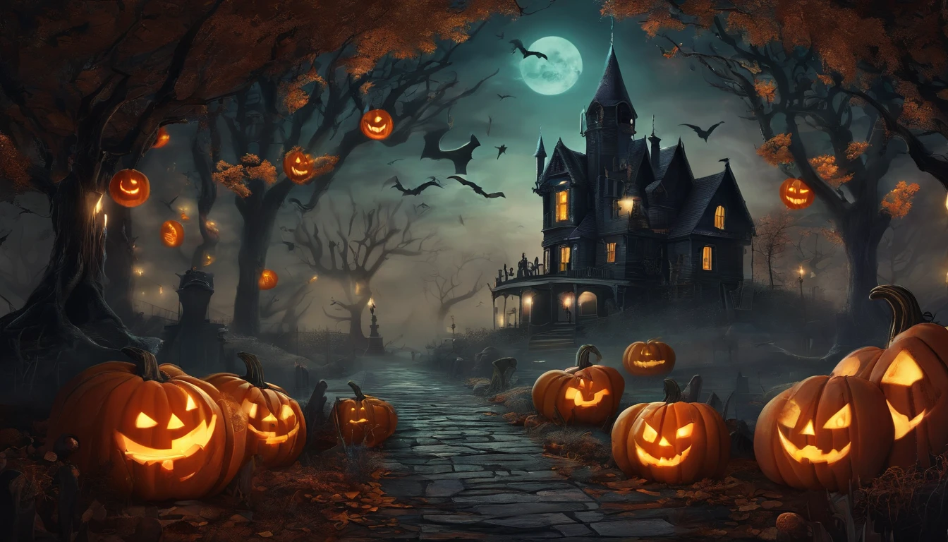 (best quality,4k,8k,highres,masterpiece:1.2),ultra-detailed,(realistic,photorealistic,photo-realistic:1.37),halloween,dark atmospheric,spooky,haunted forest,full moon,bat,witch,creepy pumpkin,potion,ghost,witch hat,black cat,candlelight,enchanted,wispy fog,shadowy figures,skeletal trees,jack-o'-lantern,witch's broom,cauldron,magical spells,mysterious spells,glowing eyes,costumes,Trick or Treat,candy,scary,gothic,macabre,otherworldly,moonlit night,ethereal,luminous,spiderweb,moonlight,graveyard.