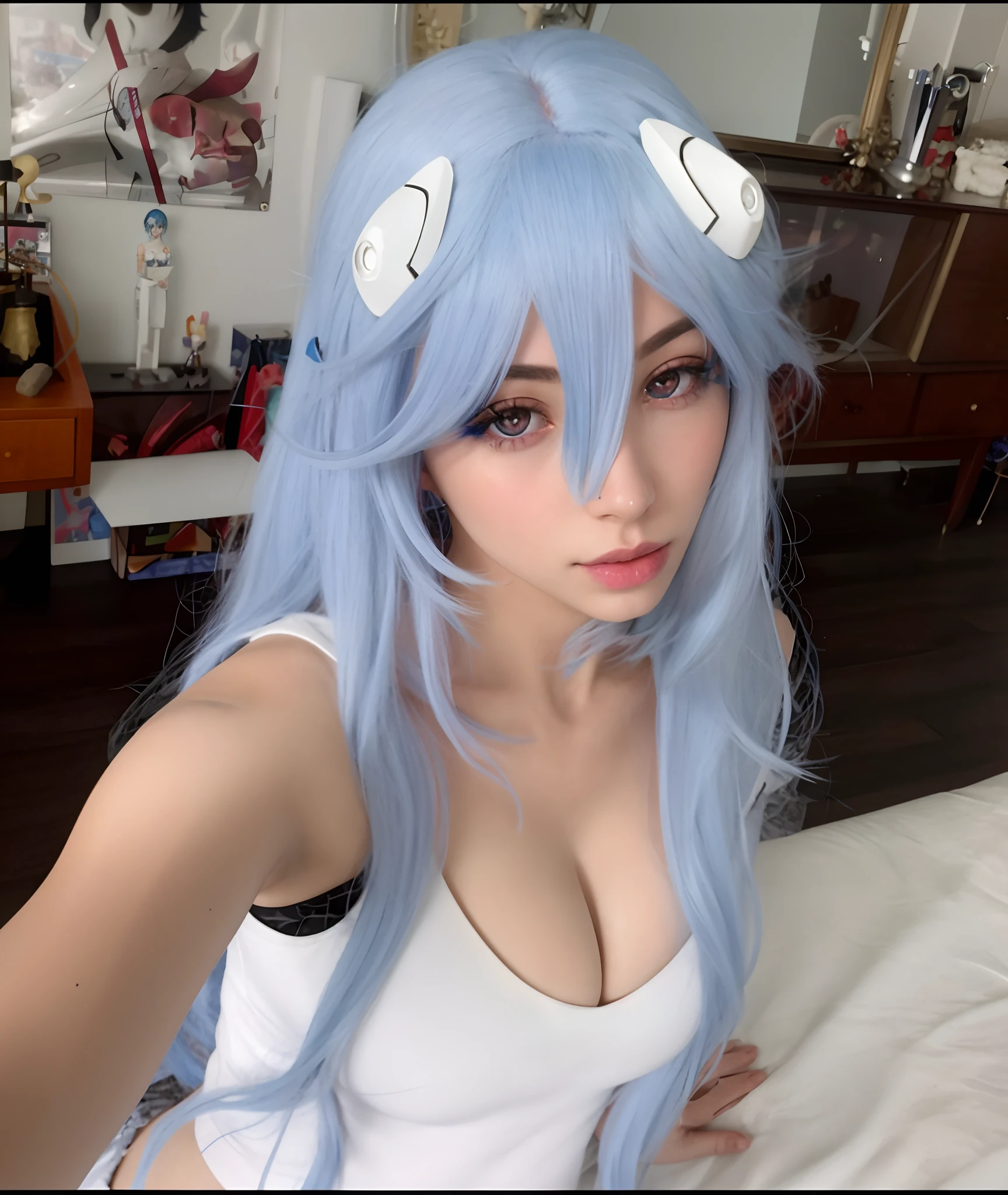 a young woman with blue hair and white headbands posing for a picture, anime girl cosplay, anime cosplay, anime inspired, anime girl in real life, cosplay, beautiful blue haired girl, anime waifu, perfect skin complexion, perfect body, breast, cleavage, perfect eyes, perfect face, symmetrical face, perfect nose, full lips, perfect lips, perfect cinematic lighting, masterpiece, beautiful, 8K, Top Quality, Intricate Details, Ultra Detail, Ultra High Resolution