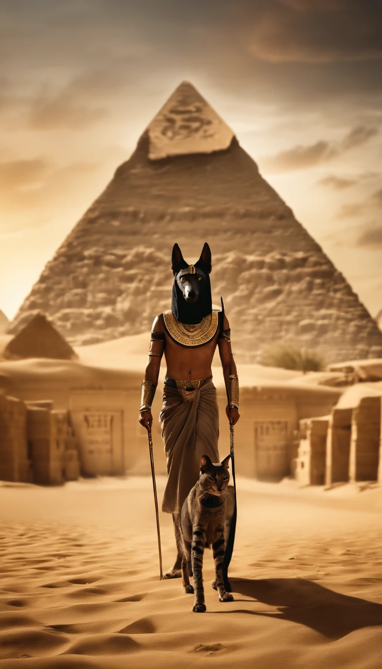 Dios egipcio Anubis caminando en egipto antiguo, , ankh en su mano, Egyptian staff UAS in one hand, Pyramids Back, A Cat Accompanies