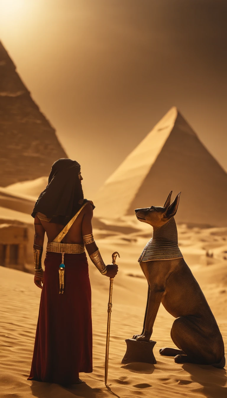 Dios egipcio Anubis caminando en egipto antiguo, , ankh en su mano, Egyptian staff UAS in one hand, Pyramids Back, A Cat Accompanies