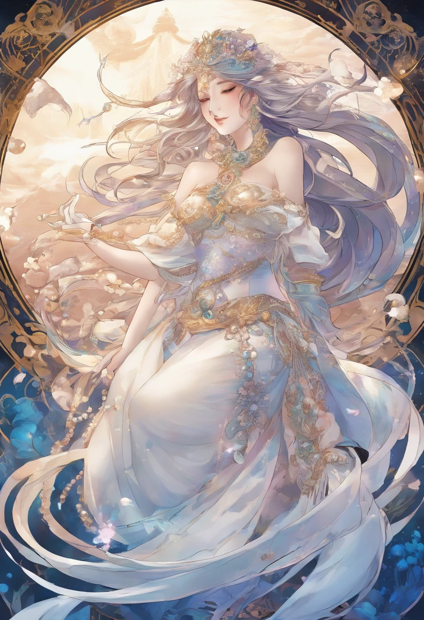 in 8K, She embodies perfection, hali々and a mermaid of stature, Similar to Goddess of Heaven. Her shape shimmers with iridescent shades, As if the essence of the beauty of the sea is in her. Her eyes, Deep pool of liquid sapphire, Embrace the mysteries of the deep sea, Fascinates everyone who stares at them. Her Flow, Milky white hair flows down like a waterfall in the moonlight, Adorned with pearls and gemstones comparable to the stars. however、What really fascinates is her tail; Masterpieces of aquatic art, It undulates with hypnotic elegance, Each scale reflecting a kaleidoscope of colors. The Whisper calls it the most beautiful in all areas, Proof of her royal lineage. she is, Certainly, The epitome of Mermaid Perfection.Organized and solid、Meticulous appearance。There is a sense of neat clothes and cleanliness。"