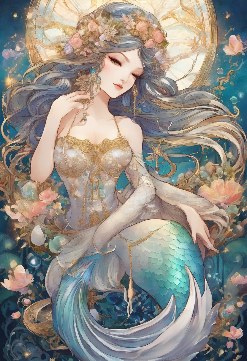 in 8K, She embodies perfection, hali々and a mermaid of stature, Similar to Goddess of Heaven. Her shape shimmers with iridescent shades, As if the essence of the beauty of the sea is in her. Her eyes, Deep pool of liquid sapphire, Embrace the mysteries of the deep sea, Fascinates everyone who stares at them. Her Flow, Milky white hair flows down like a waterfall in the moonlight, Adorned with pearls and gemstones comparable to the stars. however、What really fascinates is her tail; Masterpieces of aquatic art, It undulates with hypnotic elegance, Each scale reflecting a kaleidoscope of colors. The Whisper calls it the most beautiful in all areas, Proof of her royal lineage. she is, Certainly, The epitome of Mermaid Perfection.Organized and solid、Meticulous appearance。There is a sense of neat clothes and cleanliness。"