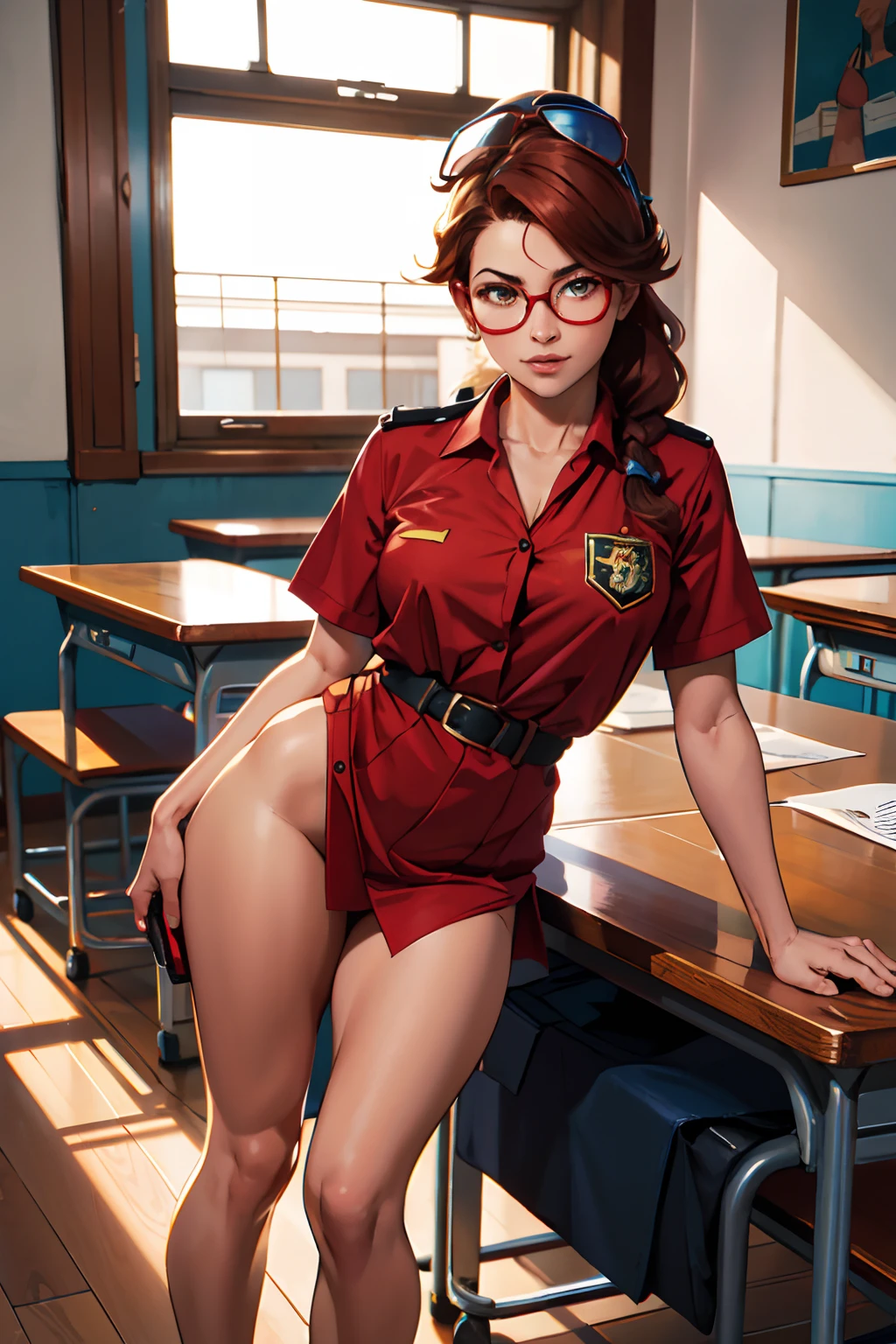 master part, Melhor qualidade, 1girl, sozinho, borracha, Uniforme escolar, red glasses on the head, bonita ,sensual na sala de aula, art inspired by John Buscema's stroke