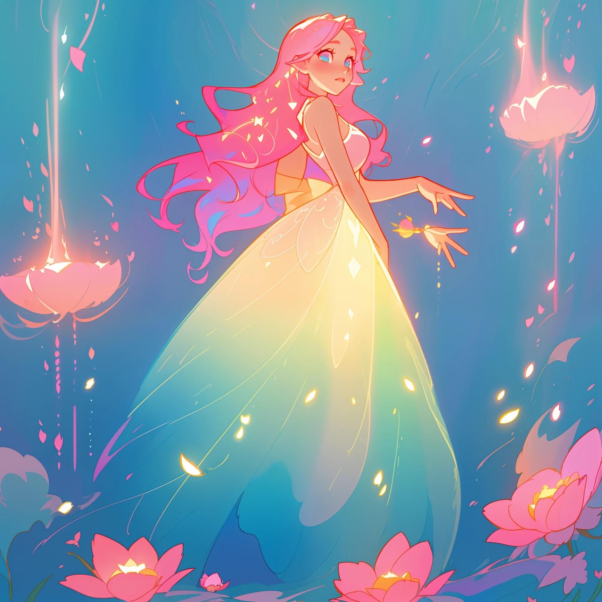 beautiful girl in flowing gradient layered ballgown, flowing pink hair, whimsical fantasia and flowers background, vibrant pastel colors, (colorful), magical lights, magical flowers, flowers, glowing lights, red pink long wavy hair, sparkling lines of light, inspired by Glen Keane, inspired by Lois van Baarle, disney art style, by Lois van Baarle, glowing aura around her, by Glen Keane, jen bartel, glowing lights! digital painting, flowing glowing hair, glowing flowing hair, beautiful digital illustration, fantasia background, whimsical, magical, fantasy, beautiful face, ((masterpiece, best quality)), intricate details, highly detailed, sharp focus, 8k resolution, sparkling detailed eyes, liquid watercolor