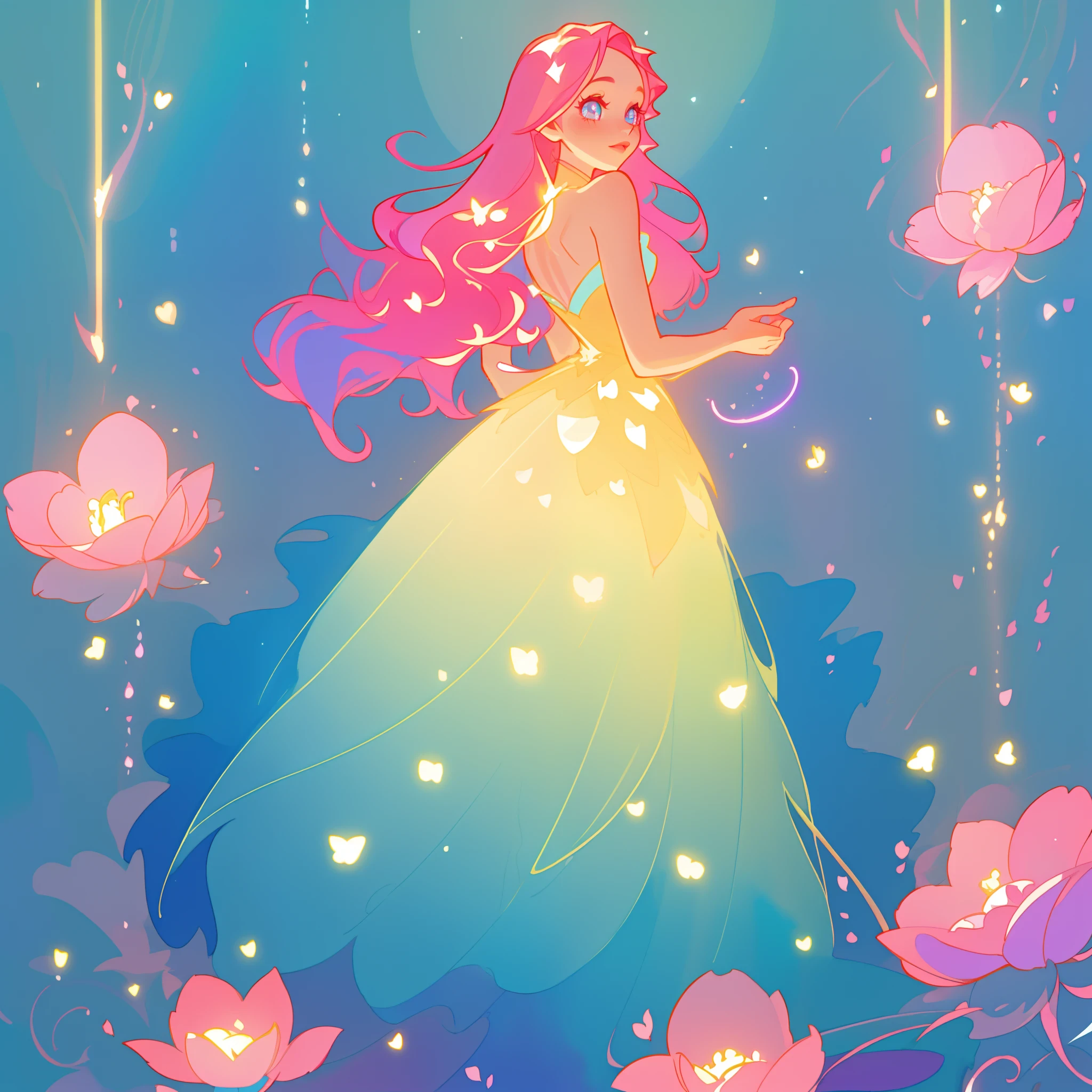 beautiful girl in flowing gradient layered ballgown, flowing pink hair, whimsical fantasia and flowers background, vibrant pastel colors, (colorful), magical lights, magical flowers, flowers, glowing lights, red pink long wavy hair, sparkling lines of light, inspired by Glen Keane, inspired by Lois van Baarle, disney art style, by Lois van Baarle, glowing aura around her, by Glen Keane, jen bartel, glowing lights! digital painting, flowing glowing hair, glowing flowing hair, beautiful digital illustration, fantasia background, whimsical, magical, fantasy, beautiful face, ((masterpiece, best quality)), intricate details, highly detailed, sharp focus, 8k resolution, sparkling detailed eyes, liquid watercolor