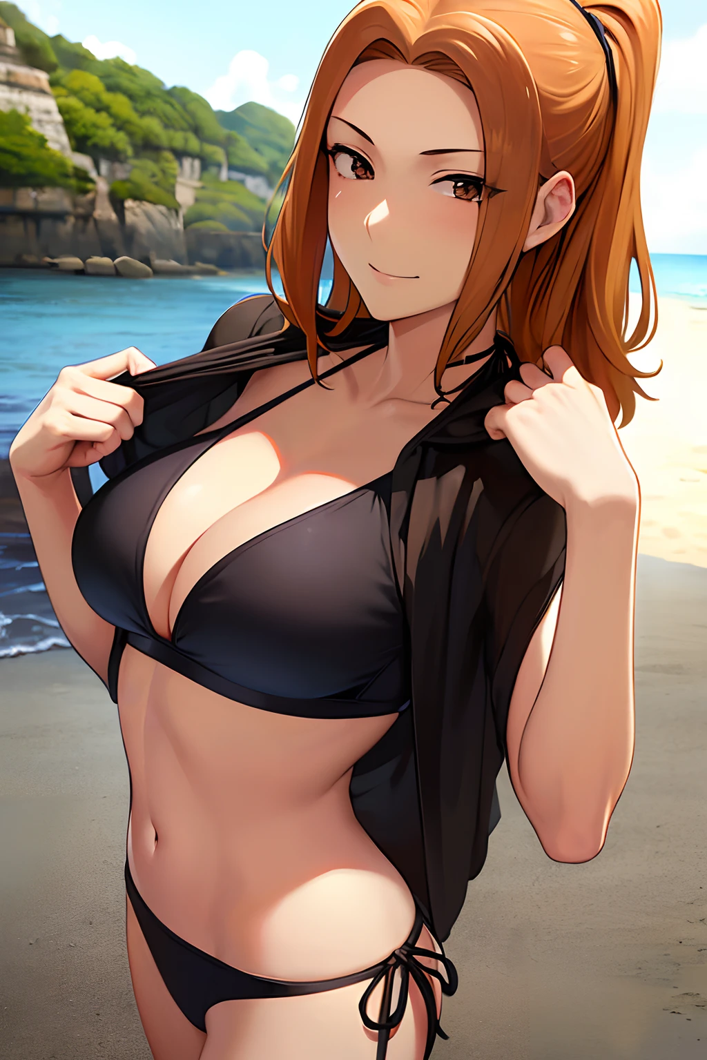 (masterpiece:1.1)、(top-quality:1.1)、shorth hair、Good anatomy、(1girl in:1.2)、(detailed faces and eyes:1.25)、orange color hair、brown haired、Brown-eyed、looking at the viewers、a matural female、side locks、Kyoka Tachibana、(Black Bikini:1.3), (the beach:1.3)、A smile、cowboy shot、Bare neck、Bare arms、bare elbows、bare shoulders、is standing, (side-tie bikini bottom:1.3),