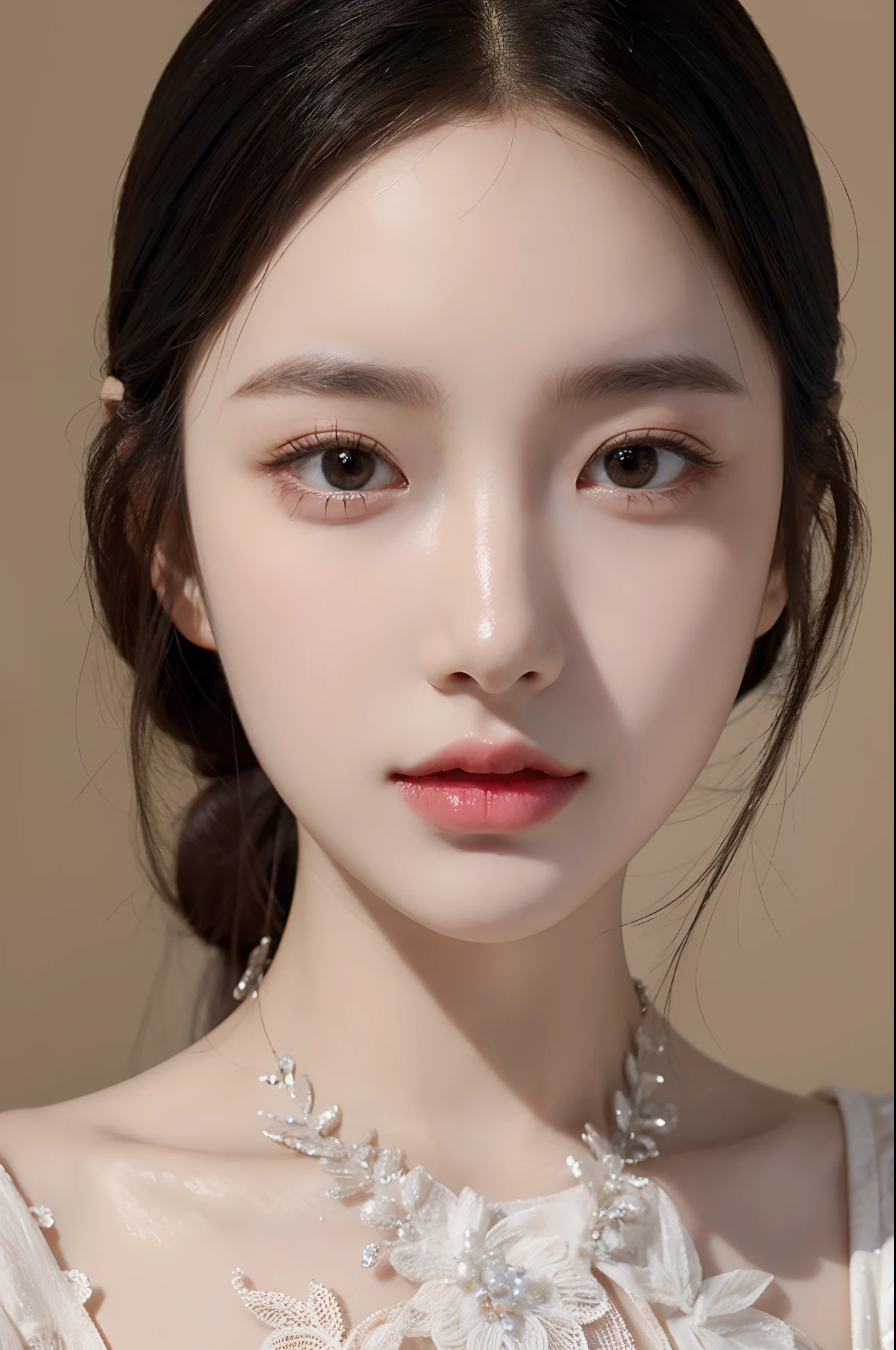 um close up de uma mulher usando um vestido branco e um colar, young cute wan asian face, gorgeous chinese model, Yanjun Chengt, mulher coreana jovem bonita, linda mulher coreana jovem, lindo rosto delicado, maquiagem coreana popular, young adorable korean face, dilraba dilmurat, Rosto bonito das meninas japonesas, pale milky white porcelain skin, maquiagem sul-coreana popular