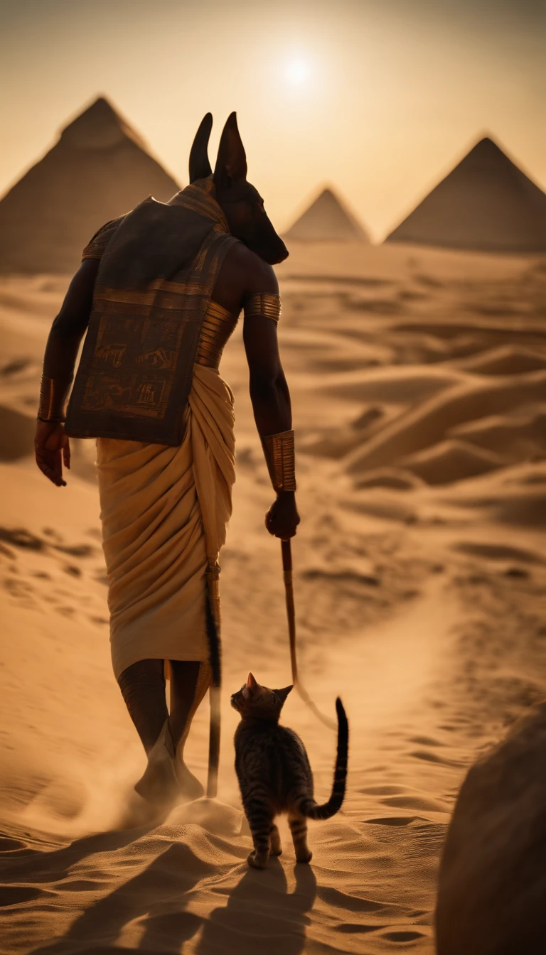 Dios egipcio Anubis caminando en egipto antiguo, , ankh en su mano, UAS de personal egipcio en una mano, Pyramids Back, A Cat Accompanies