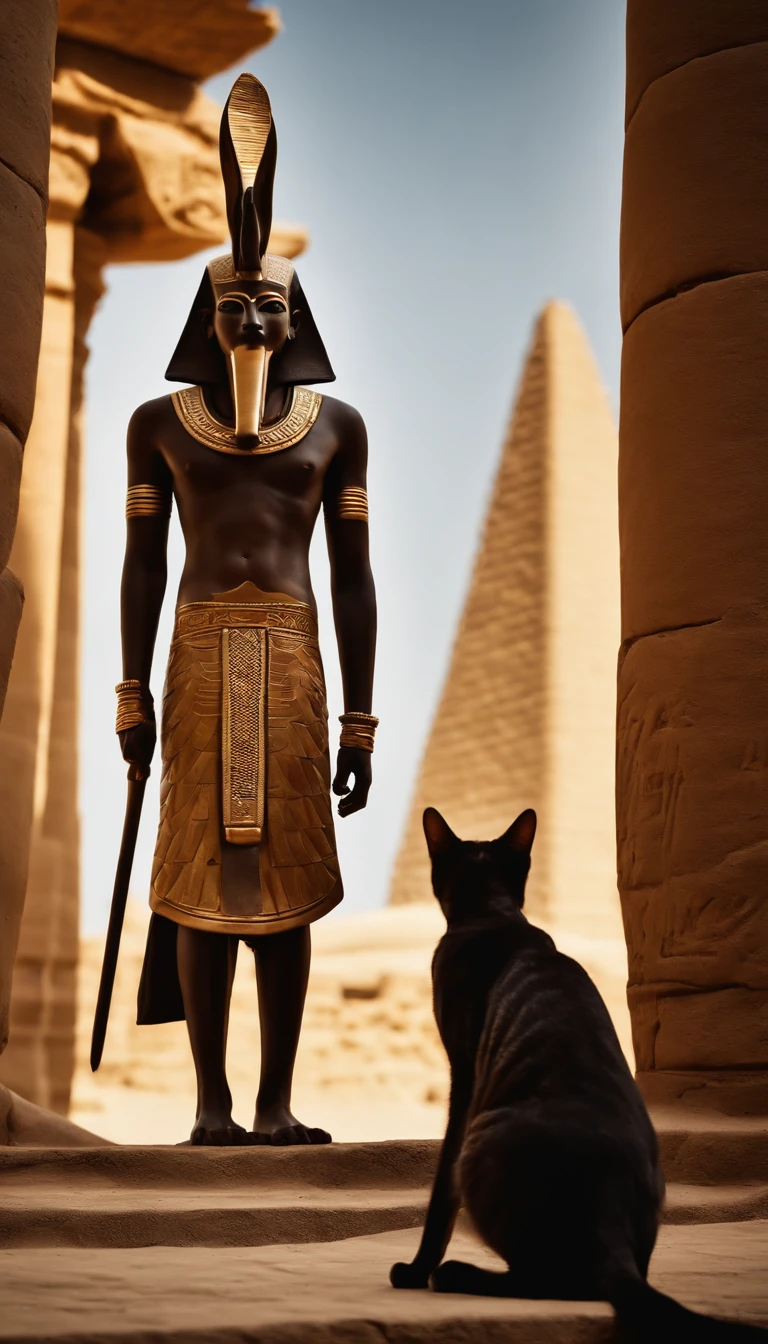 Dios egipcio Anubis caminando en egipto antiguo, , ankh en su mano, UAS de personal egipcio en una mano, Pyramids Back, A Cat Accompanies
