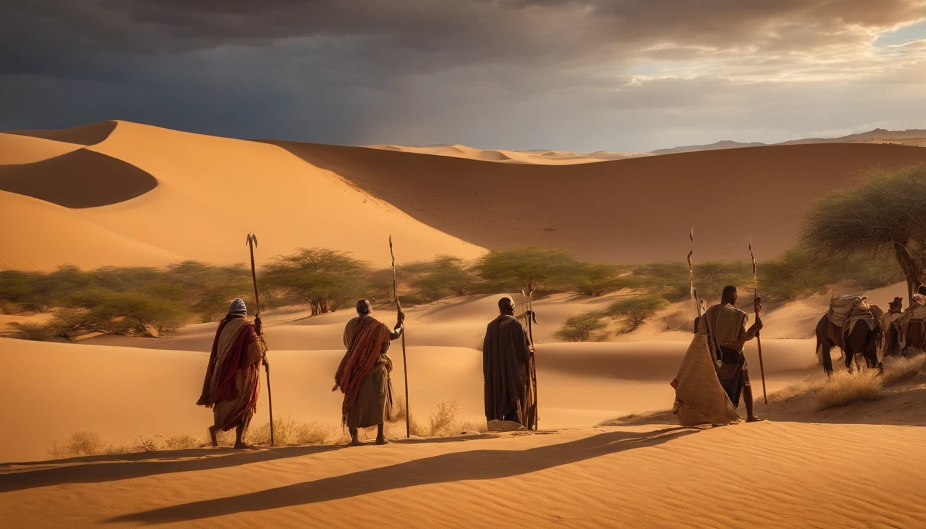 The Israelites Setting Up Their Tabernacles in the Wilderness , Com muita gente, million ,Moses holding a staff ,deserto, Vestidos velhos,,Historical reference,Arte e detalhes de alta qualidade,Estilo retrato realista,paleta de cores sutil,fundo vibrante,texturas naturais,Sombras profundas,Destaques sutis,historical accuracy,meticulous attention to detail,Profundidade e intensidade emocional,authentic representation,instigante,atmosfera espiritual,Um Senso de Sabedoria Antiga,Impacto profundo