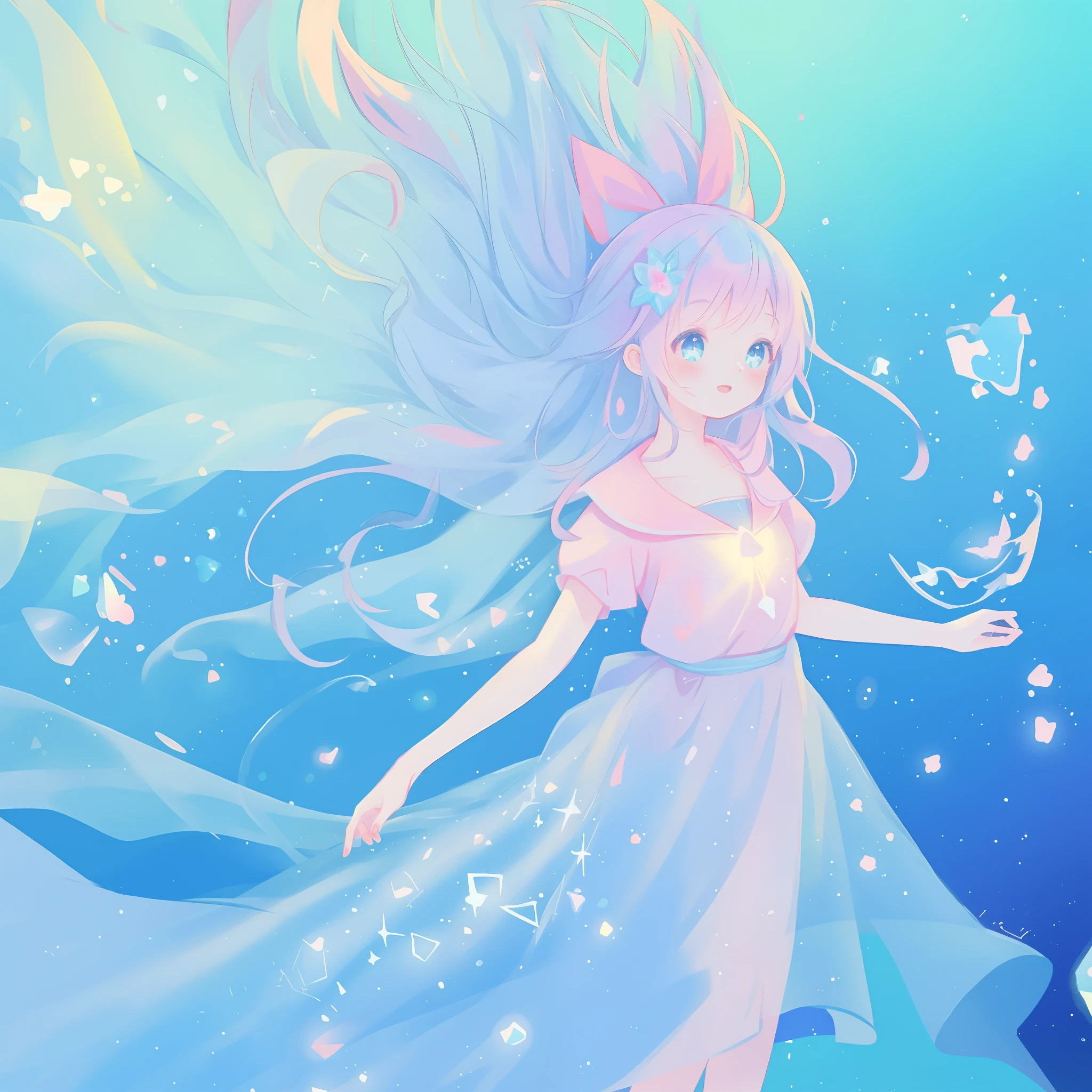 beautiful anime girl in colorful liquid dress, vibrant pastel colors, (colorful), magical lights, sparkling lines of light, inspired by Glen Keane, inspired by Lois van Baarle, disney art style, by Lois van Baarle, glowing aura around her, by Glen Keane, jen bartel, glowing lights! digital painting, flowing glowing hair, glowing flowing hair, beautiful digital illustration, fantasia background, whimsical, magical, fantasy, beautiful face, ((masterpiece, best quality)), intricate details, highly detailed, sharp focus, 8k resolution, sparkling detailed eyes, liquid watercolor