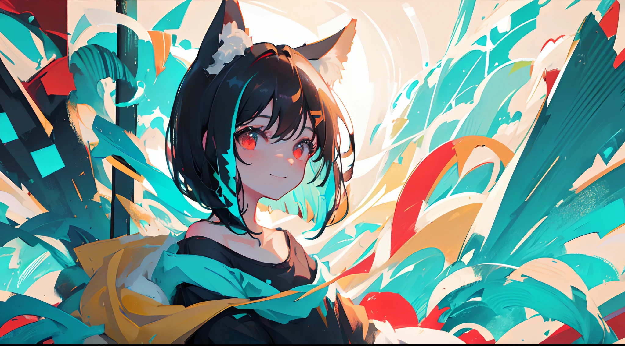 ((close-up side profile of solo catgirl, nekomimi)), ((short black hair in a fluffy wavy bob-cut with turquoise highlights)), (bangs with turquoise highlights), big smile, big grin, side glance, masterpiece, red eyes, chaotic background, (one-side off-shoulder shirt), head tilt, vivid colors, extra long sleeves, extremely happy, (looking back), centered head