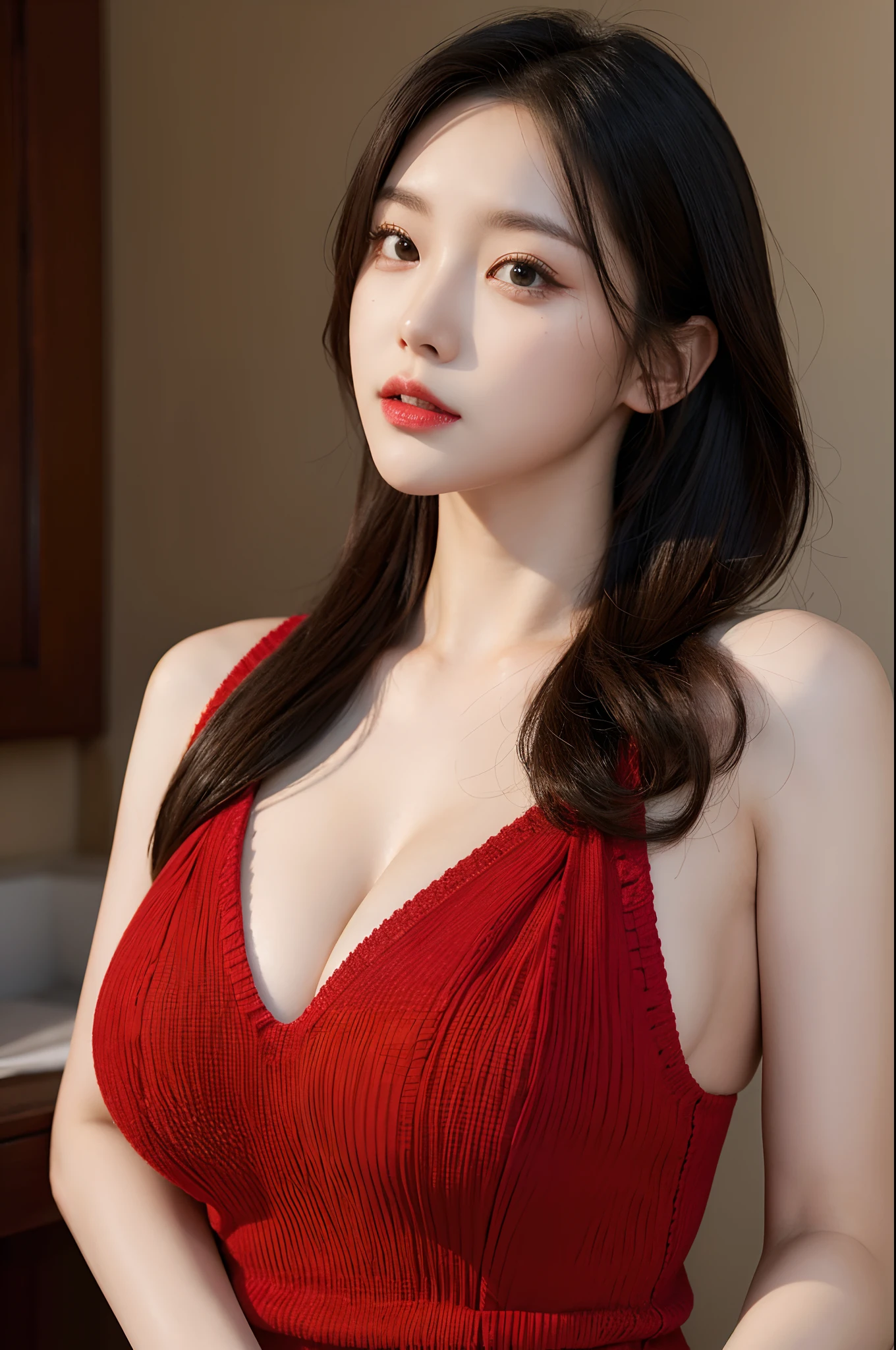 masutepiece, Best quality, illustration, Ultra-detailed, finedetail, A high resolution, 8K wallpaper, Perfect dynamic composition, Beautiful detailed eyes,  Natural lips, Red knitted dress , Big breasts, cleavage