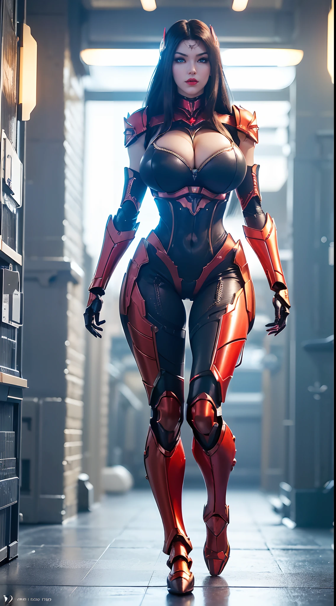 (3D REALISTIC), HUGE FAKE BOOBS, (BEAUTIFUL FACE), (RED, BLACK), (RED PONYTAIL HAIR), MECHA ARMORED GEAR, FUTURISTIC DRAGON MECHA SUIT, (CLEAVAGE), (SKINTIGHT YOGA PANTS), (TALL LEGS), FRONT, (STANDING), SLENDER SEXY BODY, MUSCLE ABS, UHD, 8K, 1080P.