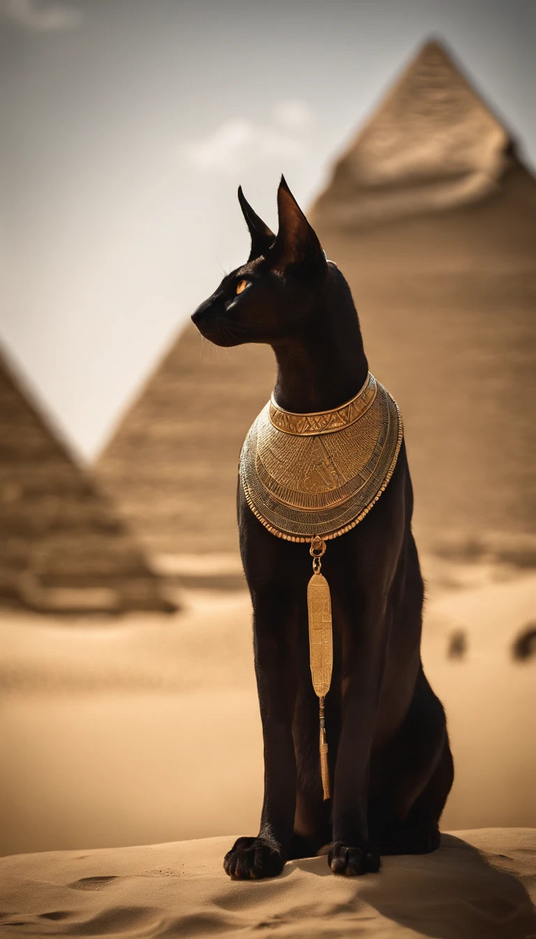 Dios egipcio Anubis caminando en egipto antiguo, , ankh en su mano, UAS de personal egipcio en una mano, Pyramids Back, A Cat Accompanies