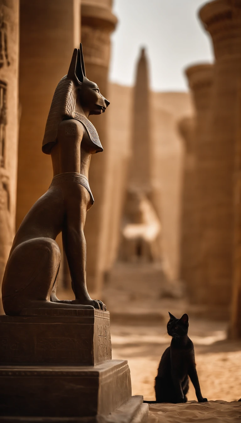 Dios egipcio Anubis caminando en egipto antiguo, , ankh en su mano, UAS de personal egipcio en una mano, Pyramids Back, A Cat Accompanies