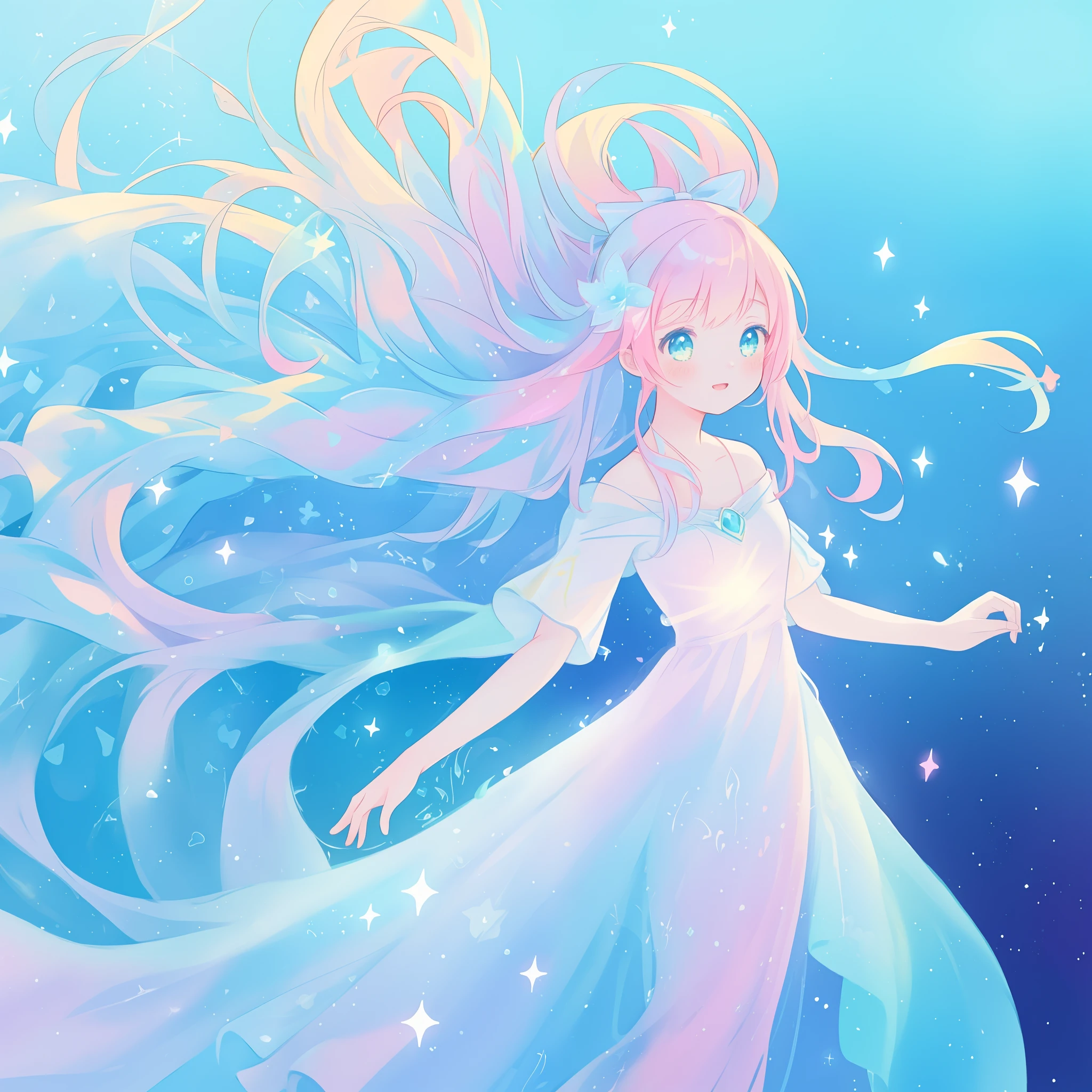 beautiful anime girl in colorful liquid dress, vibrant pastel colors, (colorful), magical lights, sparkling lines of light, inspired by Glen Keane, inspired by Lois van Baarle, disney art style, by Lois van Baarle, glowing aura around her, by Glen Keane, jen bartel, glowing lights! digital painting, flowing glowing hair, glowing flowing hair, beautiful digital illustration, fantasia background, whimsical, magical, fantasy, beautiful face, ((masterpiece, best quality)), intricate details, highly detailed, sharp focus, 8k resolution, sparkling detailed eyes, liquid watercolor
