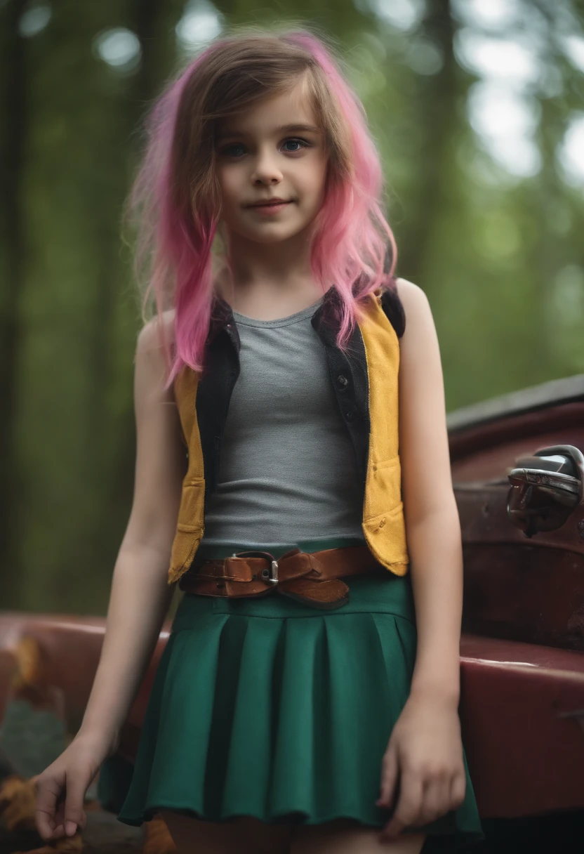  girl pink hair green eyes wearing a pink jacket with white sleeves closed in the forest 