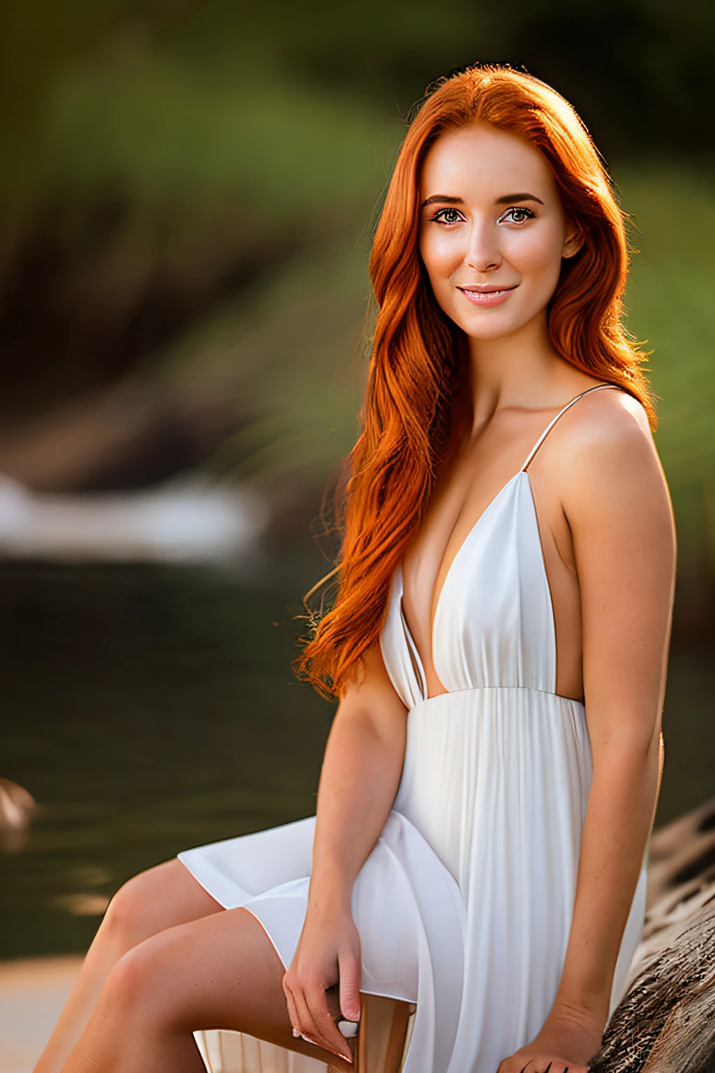 A stunning 8K UHD portrait of a beautiful woman in her mid-twenties with long, ginger hair. Her almond-shaped eyes and radiant face are illuminated by the soft, two-tone beach lighting. She stands barefoot at the water's edge, donning a revealing summer dress with a hint of cleavage. Her Tyndall effect gaze, knowing smile, and affectionate look at the camera convey her charm.