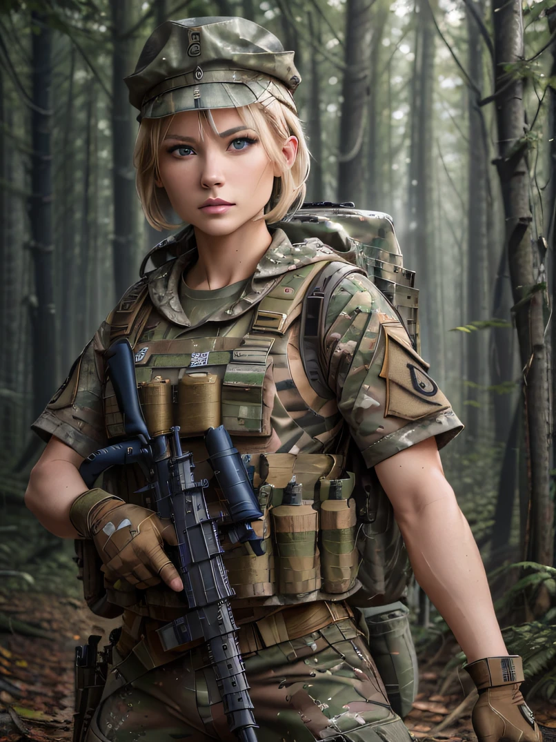 photo realistic, 1 beautiful lady wearing military soldier costume, full camo uniform, military boots, a sturdy olive green belt, military helmet, ammunition pouches,  8k, volumetric light, forest background, masterpiece, ultra details, intricately detailed