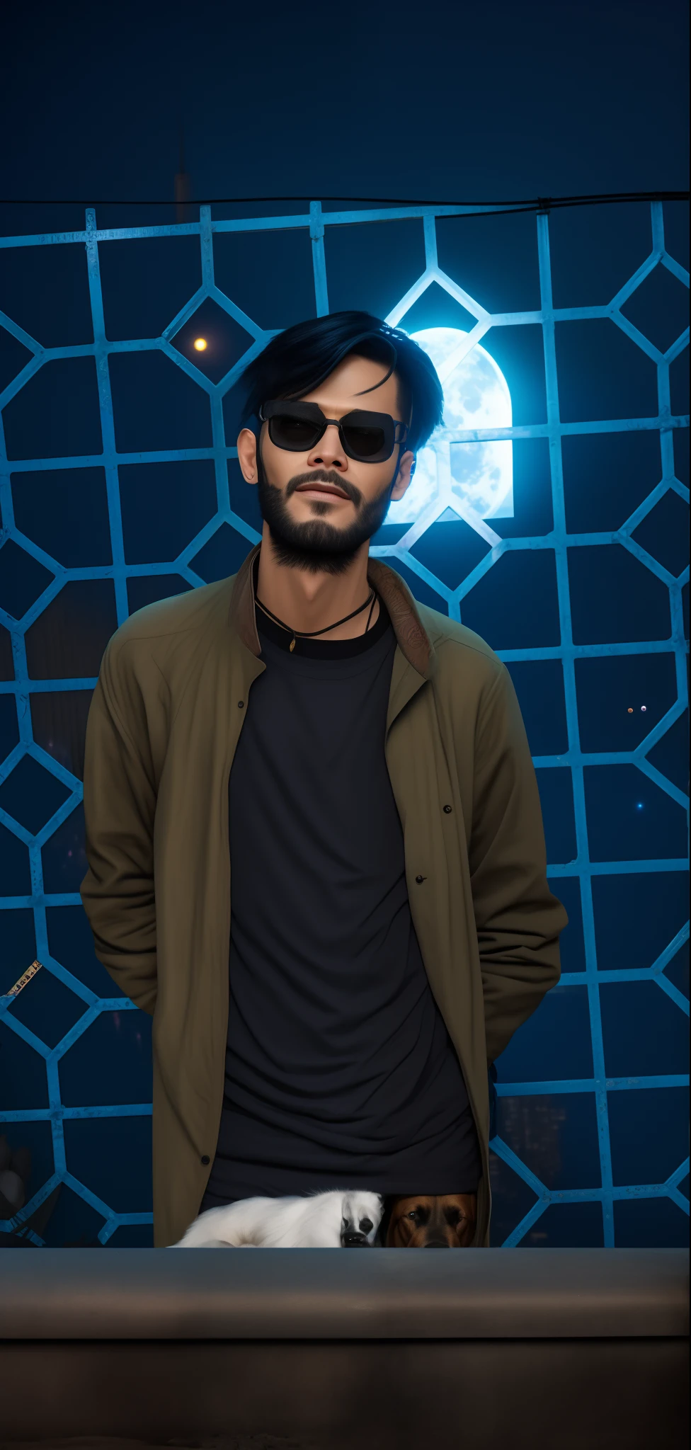 Cyberpunk handsome boy with dog and moon background Raw