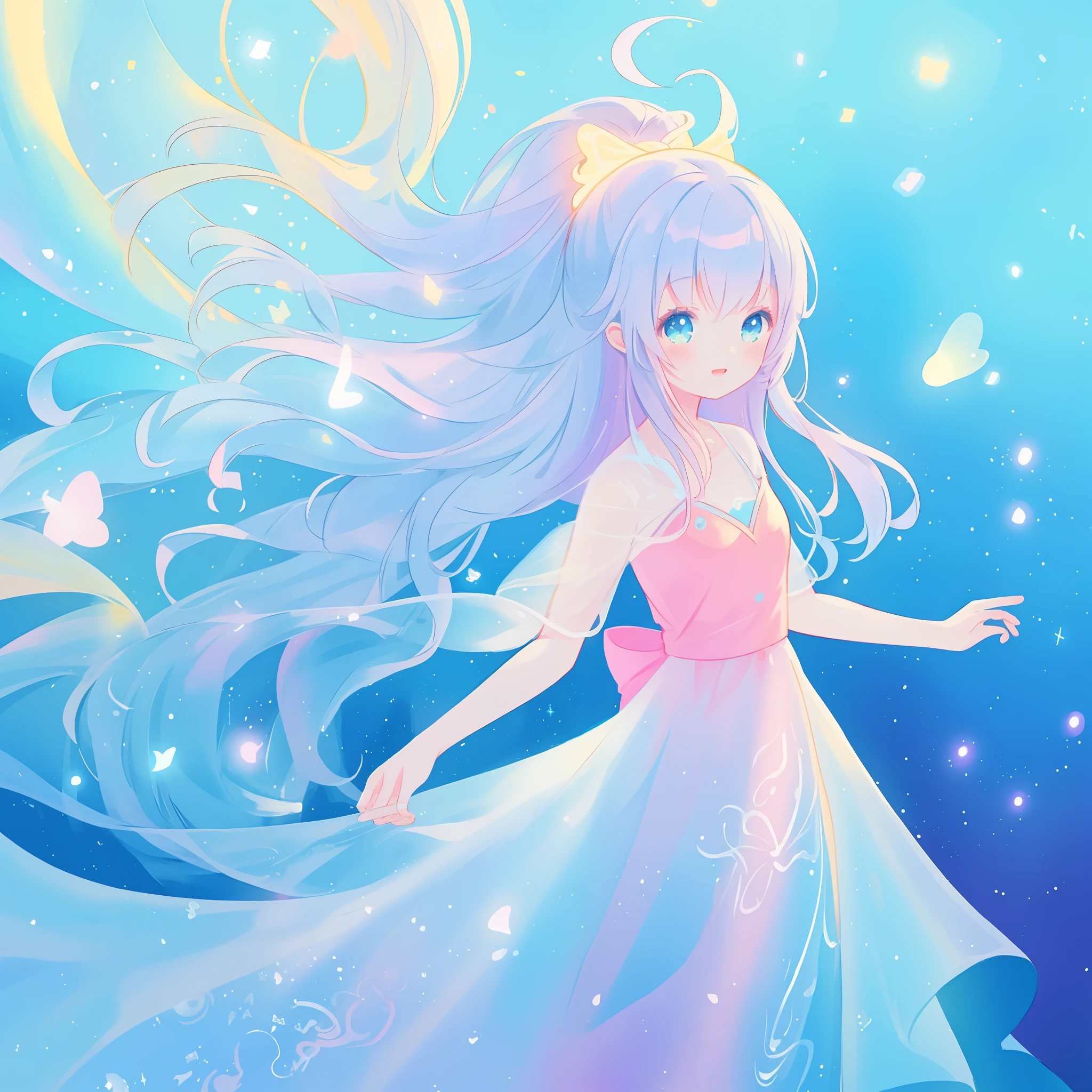 beautiful anime girl in colorful liquid dress, vibrant pastel colors, (colorful), magical lights, sparkling lines of light, inspired by Glen Keane, inspired by Lois van Baarle, disney art style, by Lois van Baarle, glowing aura around her, by Glen Keane, jen bartel, glowing lights! digital painting, flowing glowing hair, glowing flowing hair, beautiful digital illustration, fantasia background, whimsical, magical, fantasy, beautiful face, ((masterpiece, best quality)), intricate details, highly detailed, sharp focus, 8k resolution, sparkling detailed eyes, liquid watercolor