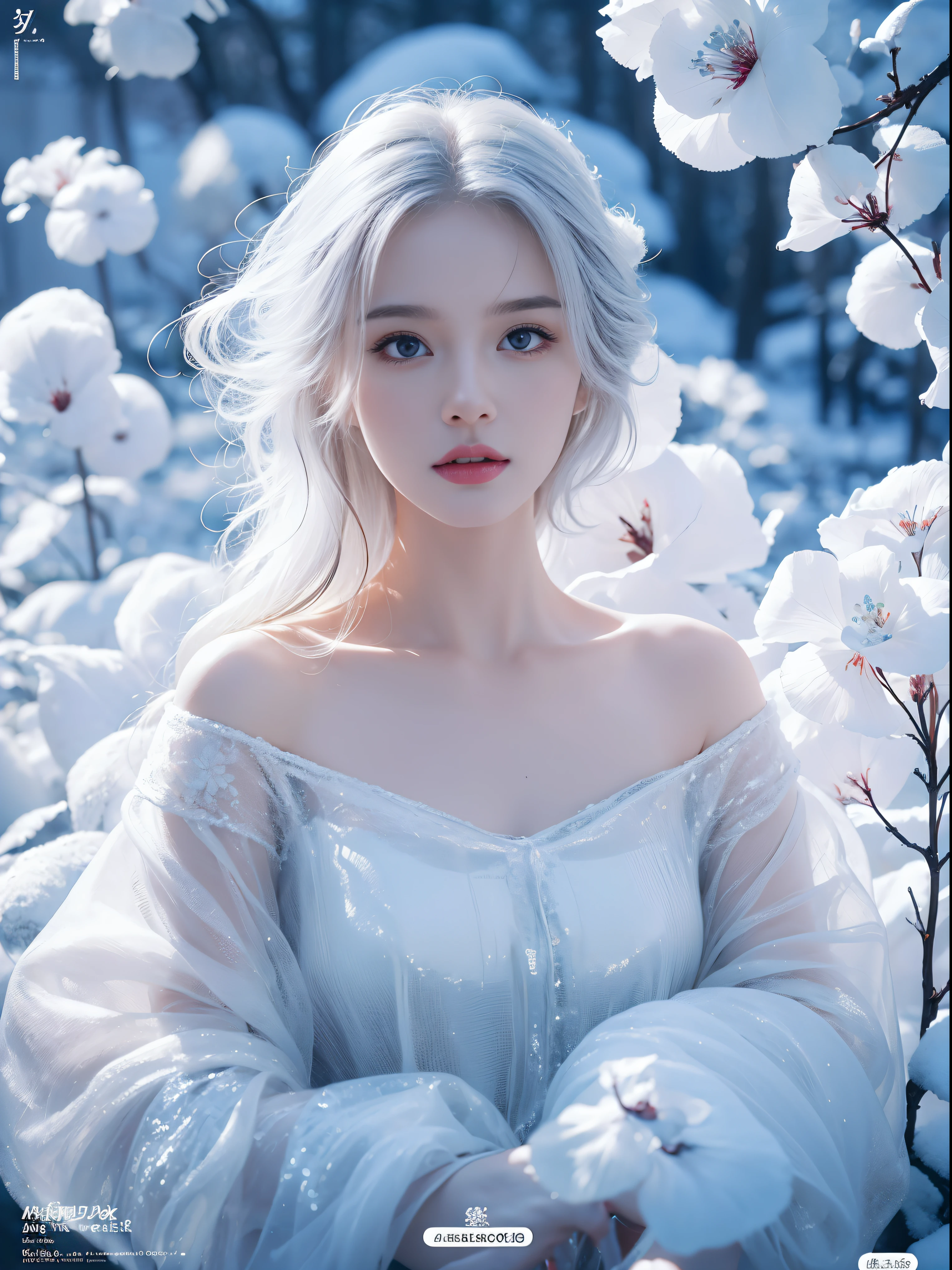 (((Masterpiece))), Best quality, illustration, 4k wallpaper, Cinematic light, absurderes, 1girll,(Snow,Ice), snowflower, In winter, White hair, Shiny hair, Wavy hair, Transparent clothes, frilld, Lace, Wet clothes, Off_Shoulder, hair scrunchie,Masterpiece, Telephoto lens, absurderes, Exquisite facial features,filmposter,Poster composition,posing elegantly,classics,Natural light,Soft light,(Seven-doppelganger composition) ,epic,dream magical,mistic