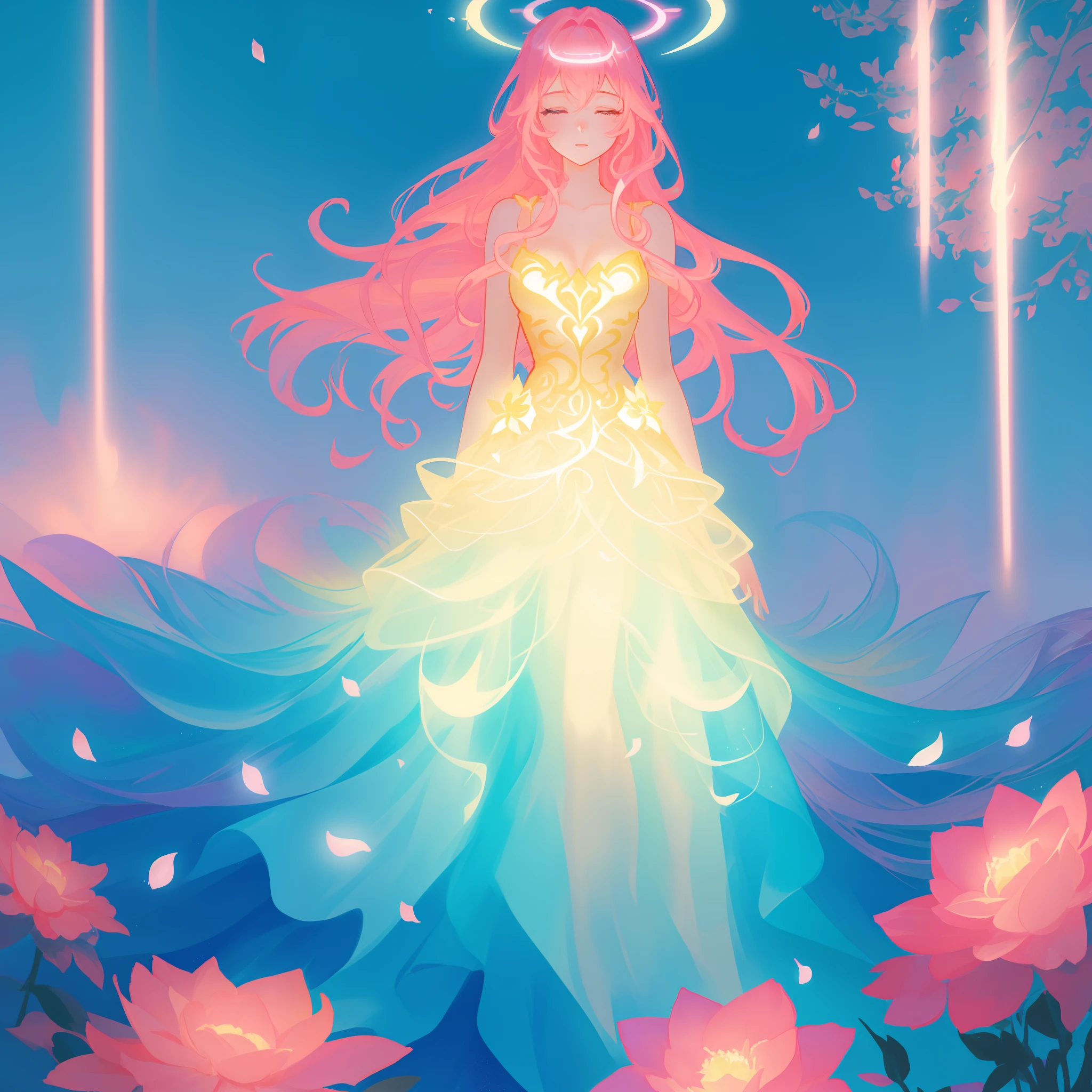 beautiful girl in flowing gradient layered ballgown, flowing pink hair, whimsical fantasia and flowers background, vibrant pastel colors, (colorful), magical lights, magical flowers, flowers, glowing lights, red pink long wavy hair, sparkling lines of light, inspired by Glen Keane, inspired by Lois van Baarle, disney art style, by Lois van Baarle, glowing aura around her, by Glen Keane, jen bartel, glowing lights! digital painting, flowing glowing hair, glowing flowing hair, beautiful digital illustration, fantasia background, whimsical, magical, fantasy, beautiful face, ((masterpiece, best quality)), intricate details, highly detailed, sharp focus, 8k resolution, sparkling detailed eyes, liquid watercolor