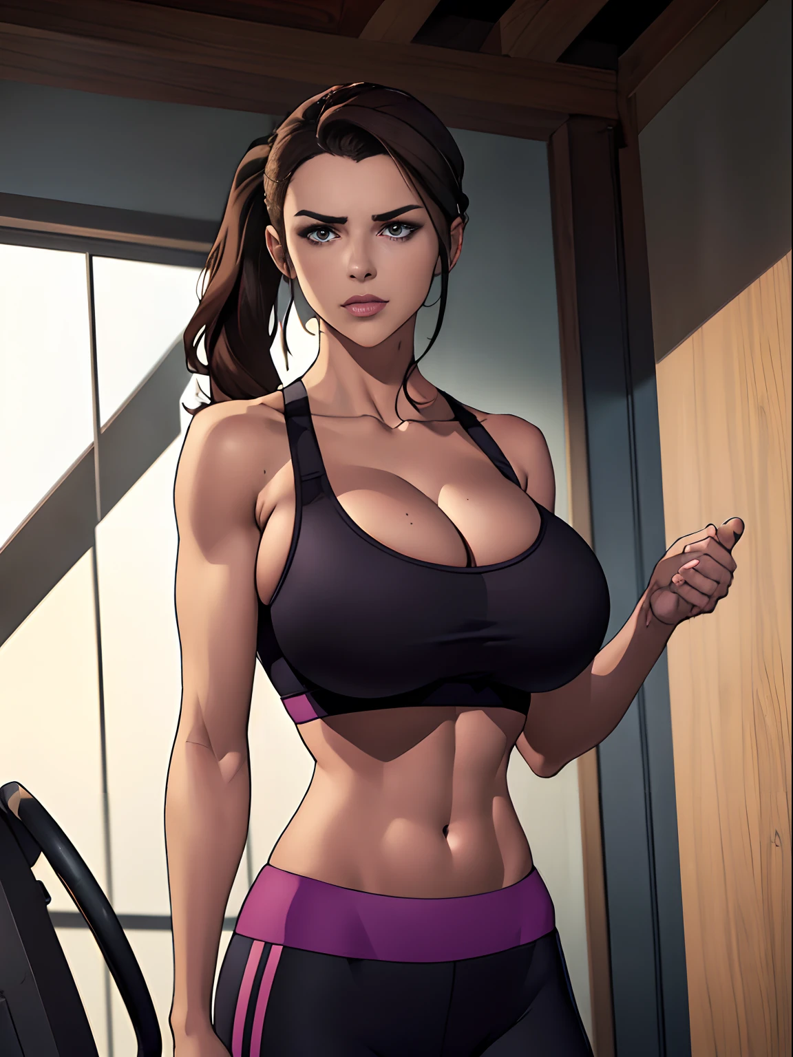 (masterpiece, top quality, best quality, official art, beautiful and aesthetic:1.2), (1girl:1.3), (gorgeous face), light freckles, fair skin, brown hair, extremely detailed, portrait, looking at viewer, solo, (full body:0.6), detailed background, close up, (airy modern theme:1.1), extremely busty gym girl, ponytail, big lips, arched back, charlatan, smirk, mysterious, standing in the gym, sports bra, leggings, headphones, wet, workout gear, weight machines, windows, modern gym, well-lit, thin and toned physique, ((((gigantic breasts, cleavage, skindentation)))), slim waist, slim hips, long legs, modern (gym interior:1.1) background, dark mysterious lighting, shadows, magical atmosphere, dutch angle,