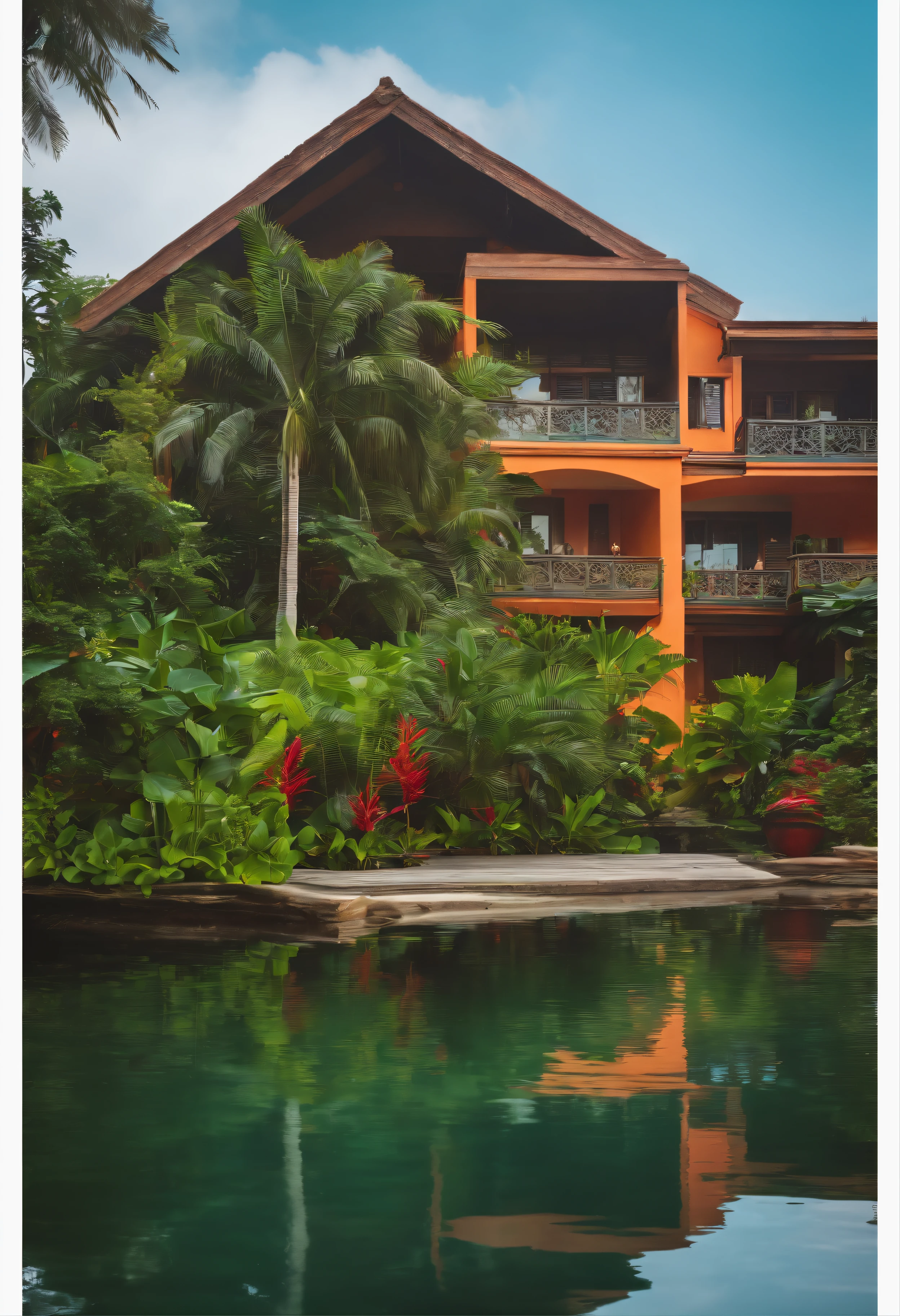 Single-family duplex house next to water bodies and forests in tropical climates