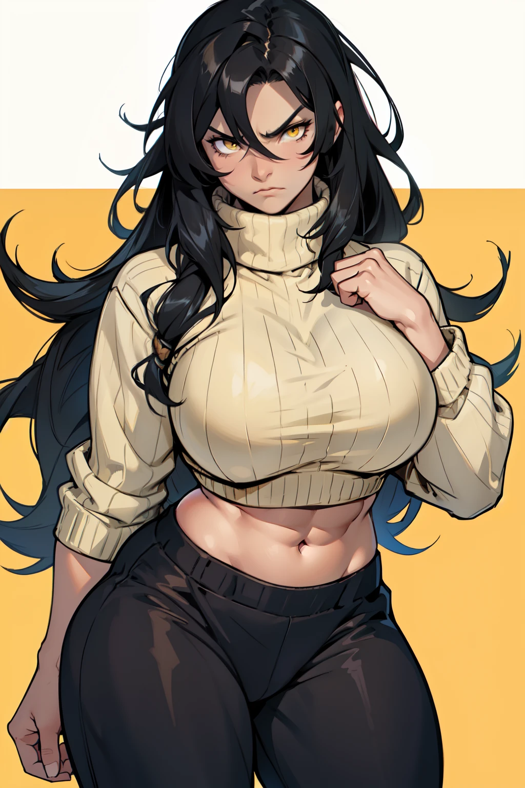 ((muscular thick thighs huge breasts)) black hair yellow eyes very long hair sweater sweatpants girl simple background angry midriff