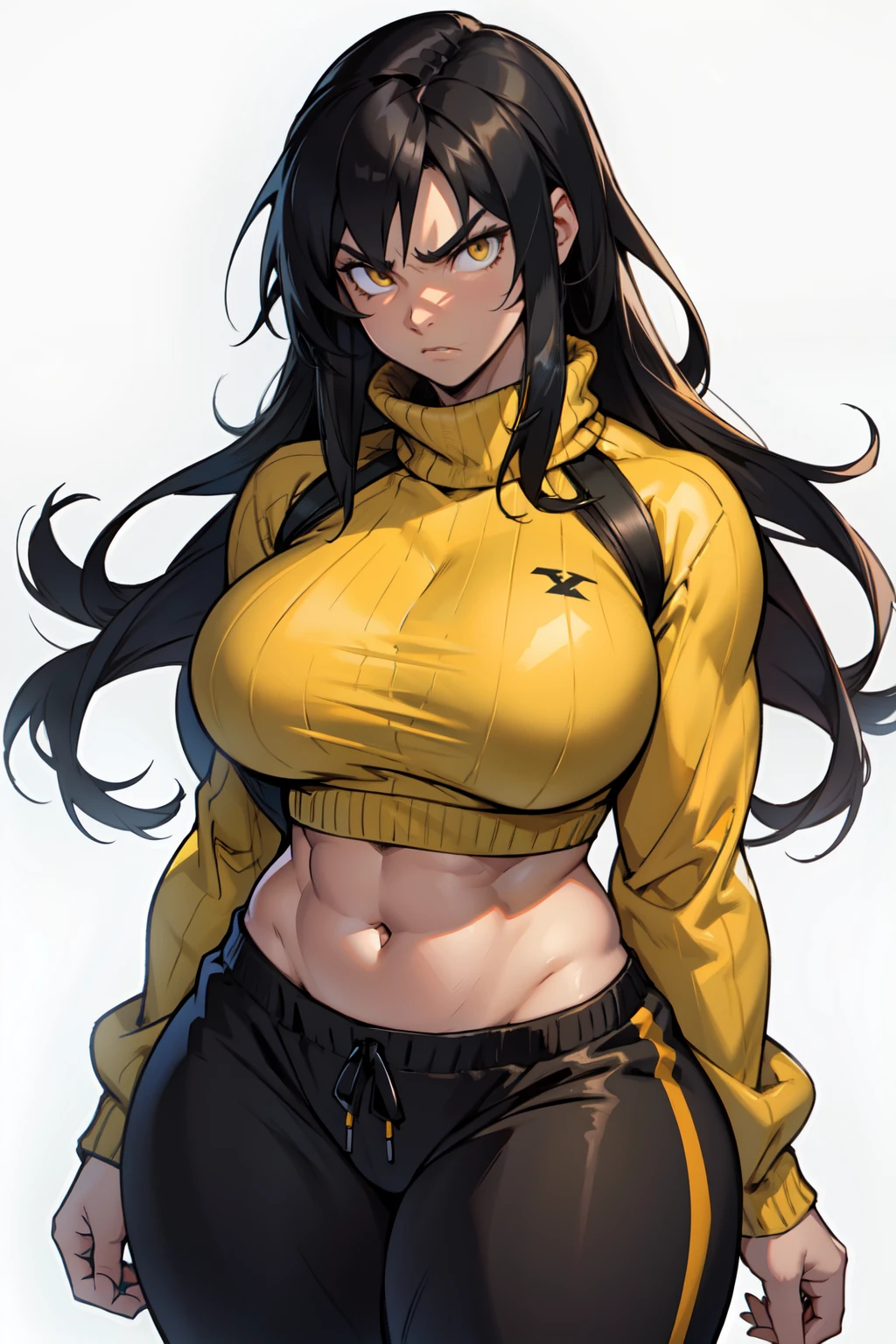 ((muscular thick thighs huge breasts)) black hair yellow eyes very long hair sweater sweatpants girl simple background angry midriff