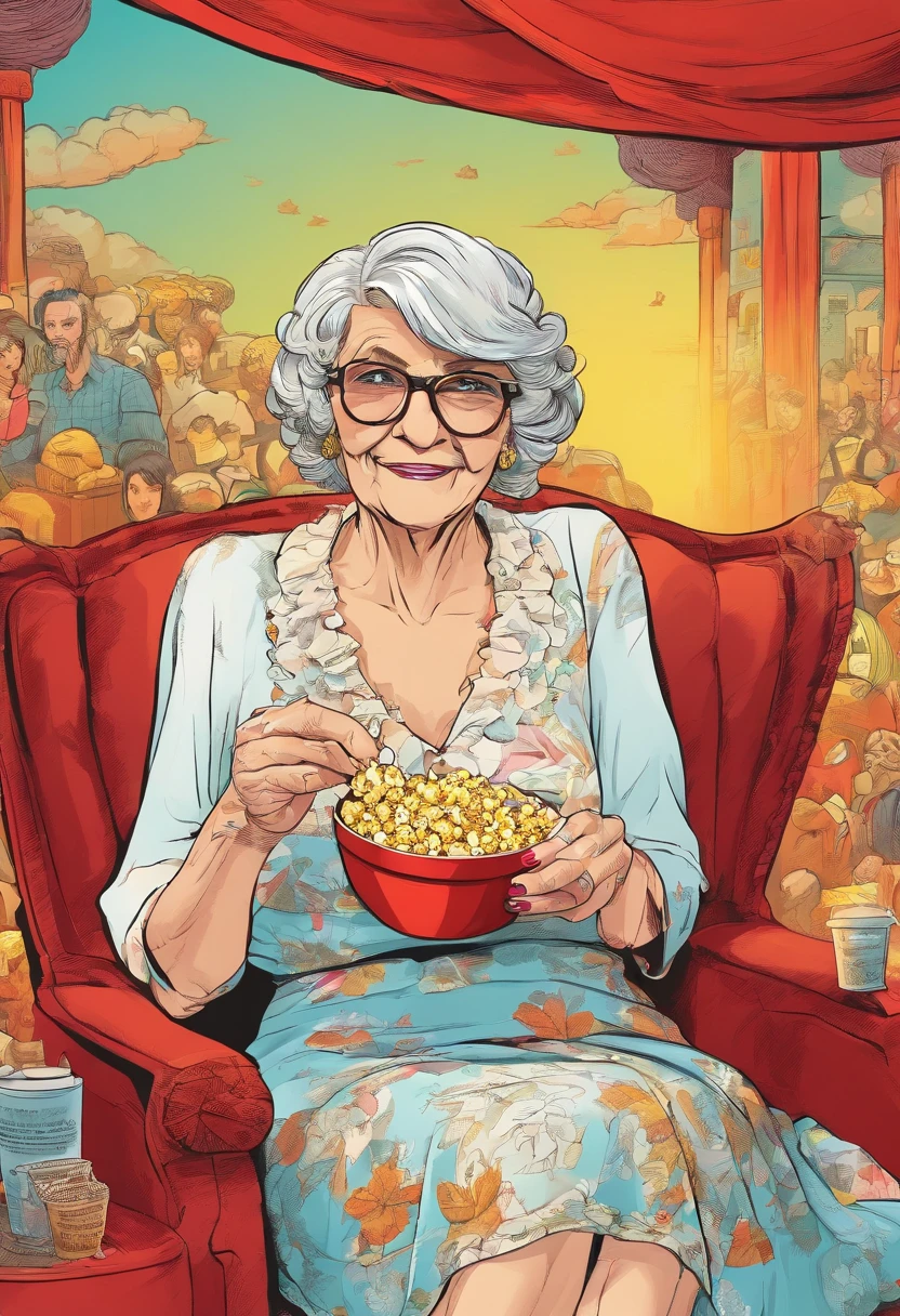 Old woman in lingerie at the cinema with popcorn in hand