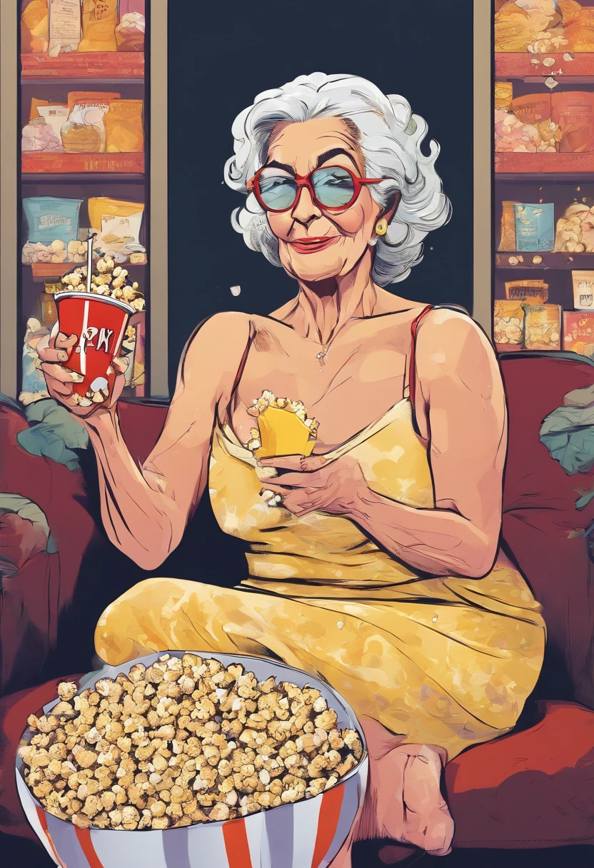 Old woman in lingerie at the cinema with popcorn in hand