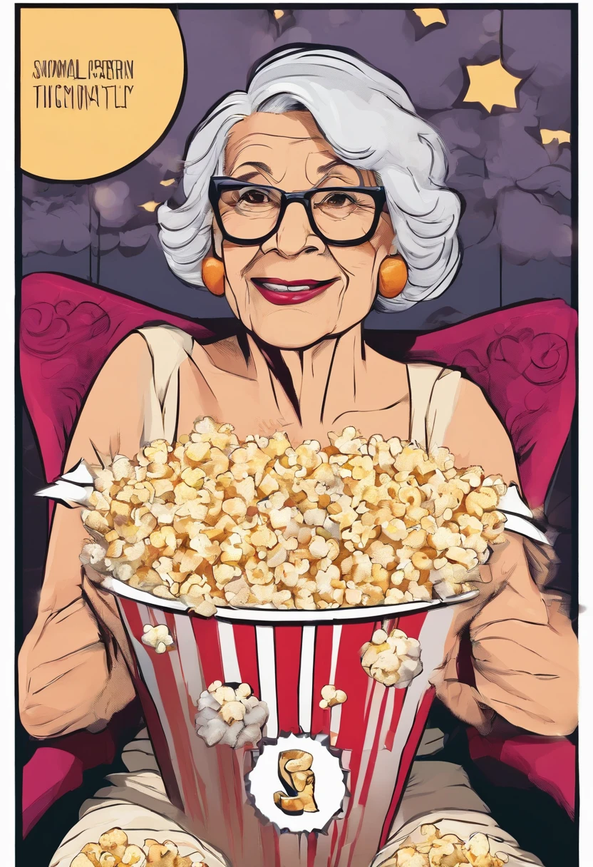 Old woman in lingerie at the cinema with popcorn in hand
