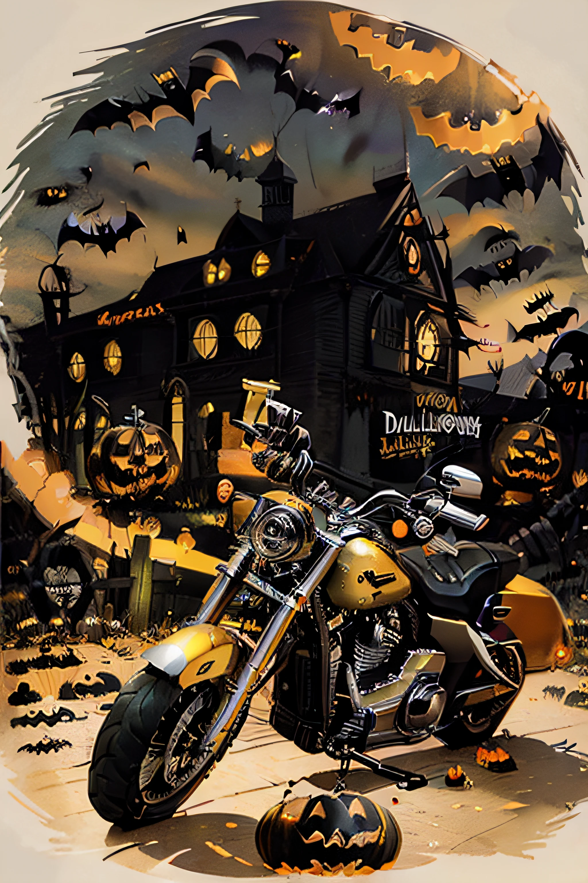 (((Harley-davidson halloween))) (((illustration))) ((colorfull yellow))) ((skull)))