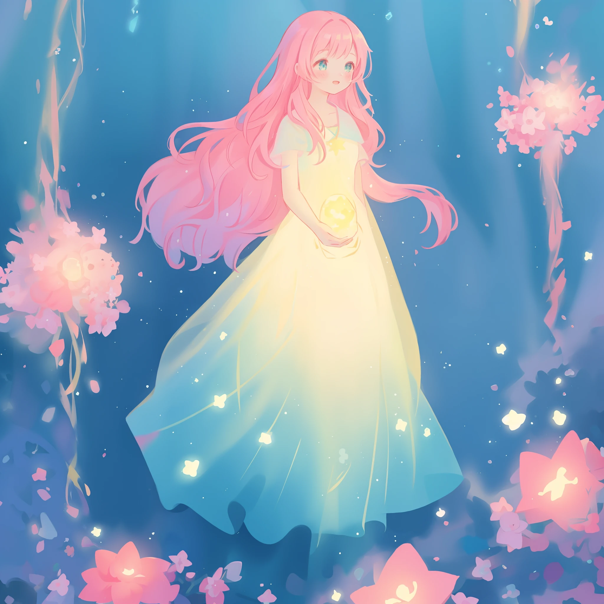 beautiful girl in flowing gradient layered ballgown, flowing pink hair, whimsical fantasia and flowers background, vibrant pastel colors, (colorful), magical lights, magical flowers, flowers, glowing lights, red pink long wavy hair, sparkling lines of light, inspired by Glen Keane, inspired by Lois van Baarle, disney art style, by Lois van Baarle, glowing aura around her, by Glen Keane, jen bartel, glowing lights! digital painting, flowing glowing hair, glowing flowing hair, beautiful digital illustration, fantasia background, whimsical, magical, fantasy, beautiful face, ((masterpiece, best quality)), intricate details, highly detailed, sharp focus, 8k resolution, sparkling detailed eyes, liquid watercolor