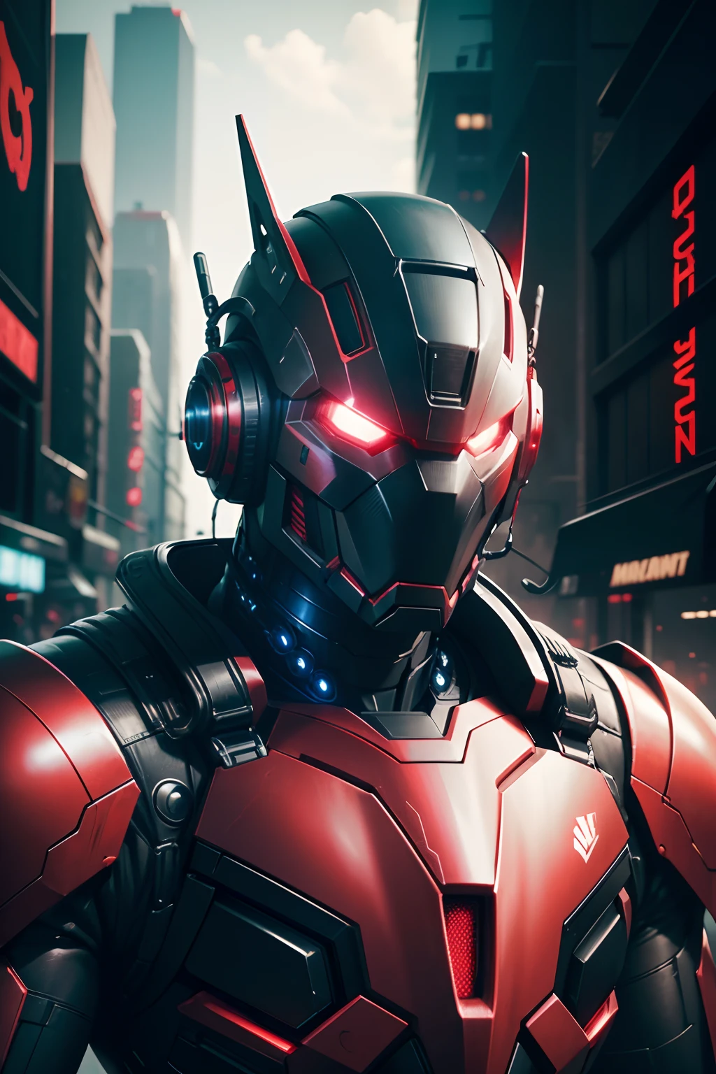 A realistic black and red non-human robot,  Marvel's Combat Machine Style in an Advanced Cybernetic Suit, Cyberpunk technological helmet and visor