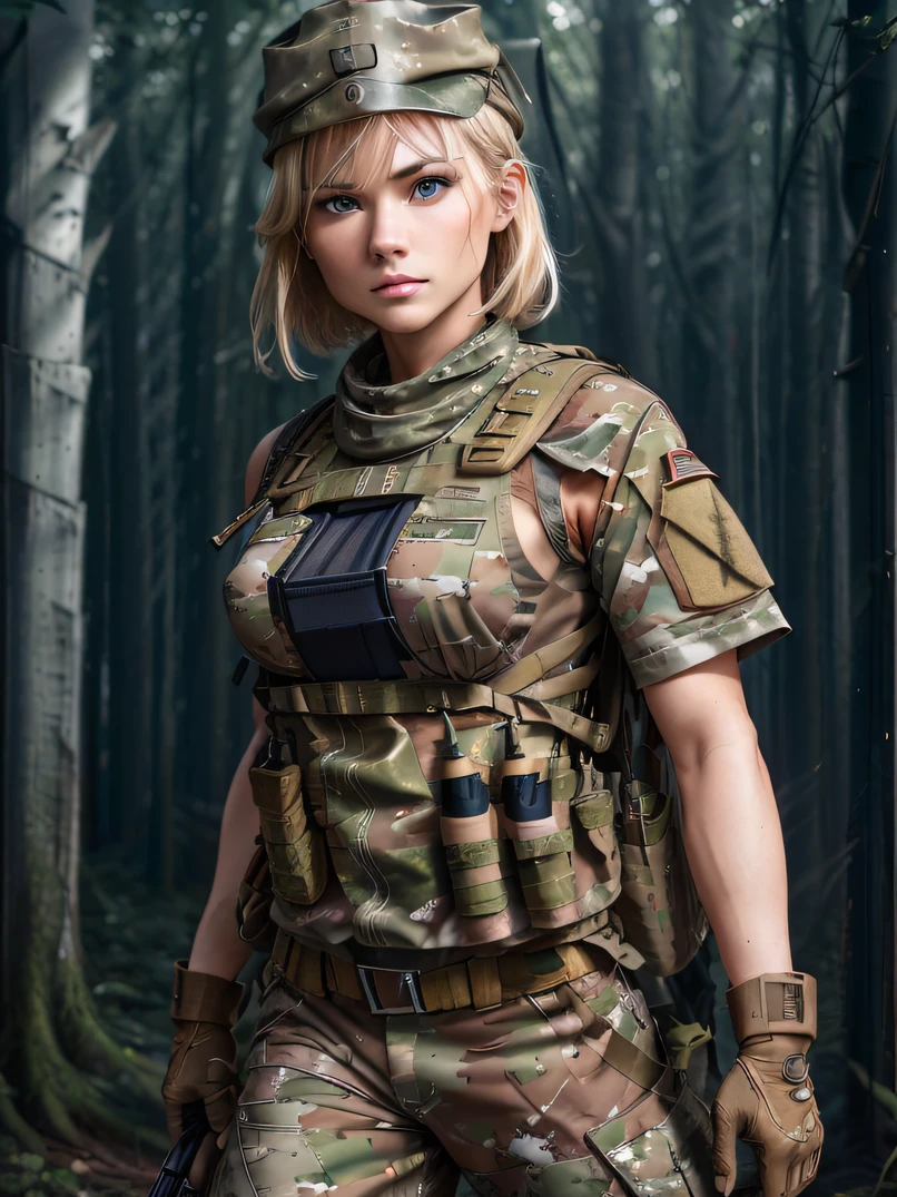 ((​masterpiece、ultra fine photos、top-quality、超A high resolution、Photorealsitic、foco nítido、bustshot、(Beautiful Female Soldier、30-year-old woman with)))、delicated face、((fair white skin、blue eyess、Blonde Shorthair))、Military Cap、Woodland Camouflage Military Uniform、Woodland Camouflage Tactical Vest、Woodland Camouflage Long Pants、Combat gloves、Combat equipment、Carry a Woodland Camouflage Backpack、Black Military Undershirt、Focus from the chest up、Detailed face and chest depiction、Detailed hand depiction、combat pose、Dynamic Poses、Dynamic action、in woods、White smoke、watching at viewers