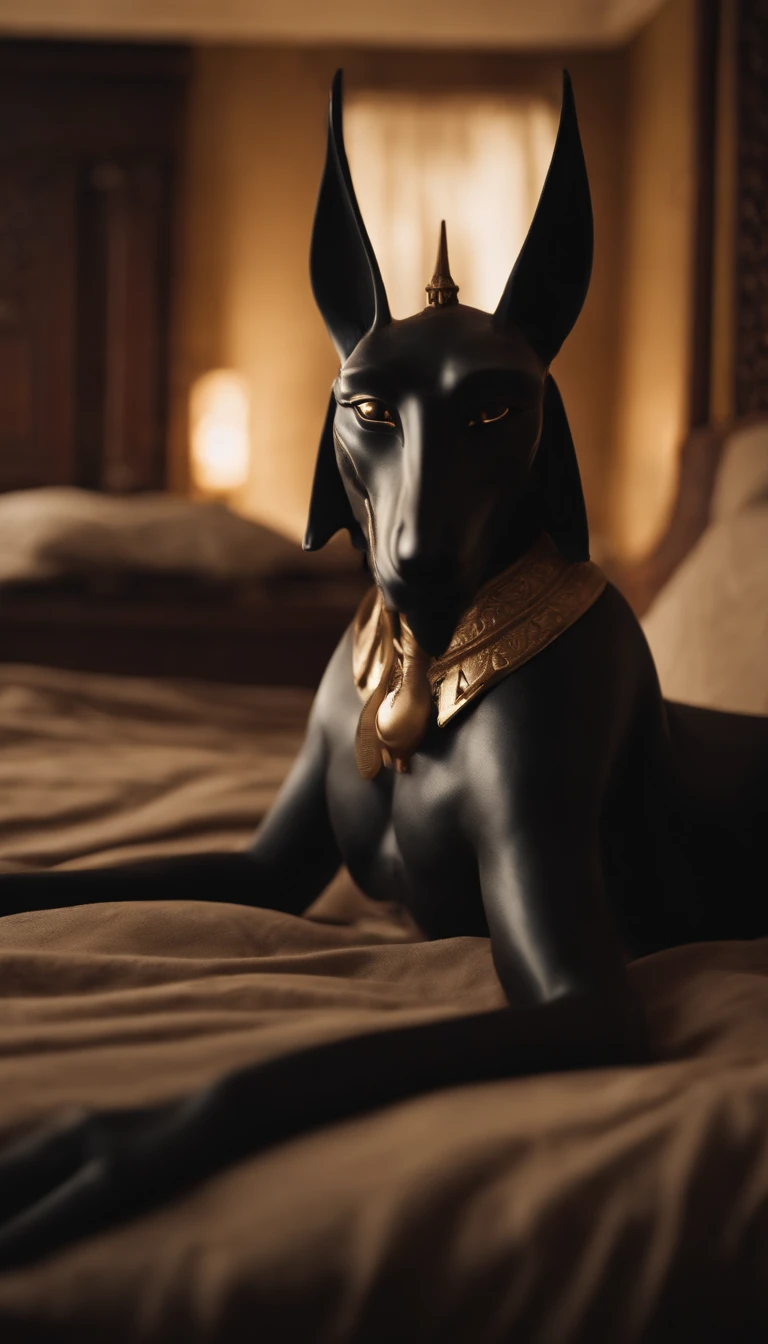 Anubis male, sex anubis female, and another anubis female, bed, naked, realistic
