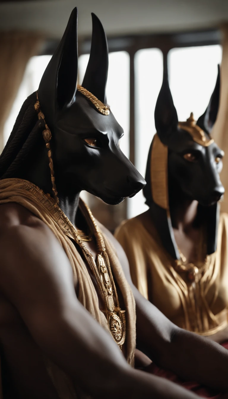 Anubis (cuerpo de hombre y cabeza de chacal) With two women sex in a room, hiperrealista