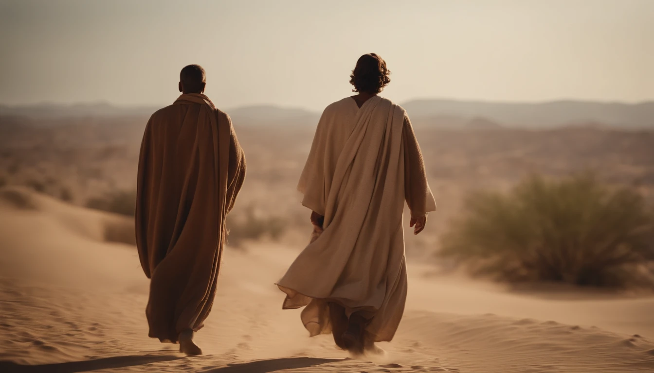 Two disciples of Jesus walking together towards the city in the desert.